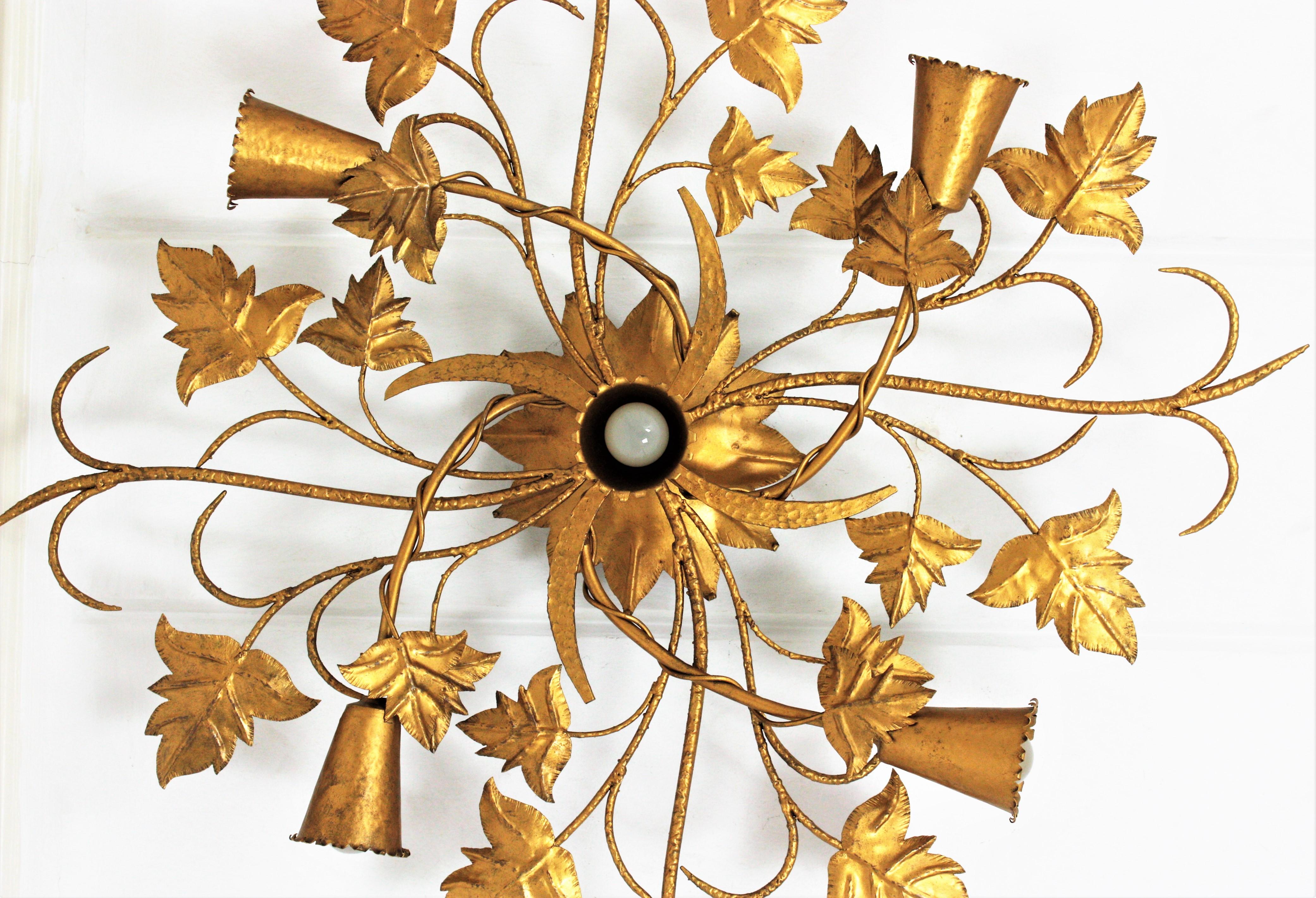 20th Century Huge Spanish Foliage Floral Chandelier Flush Mount in Gilt Wrought Iron