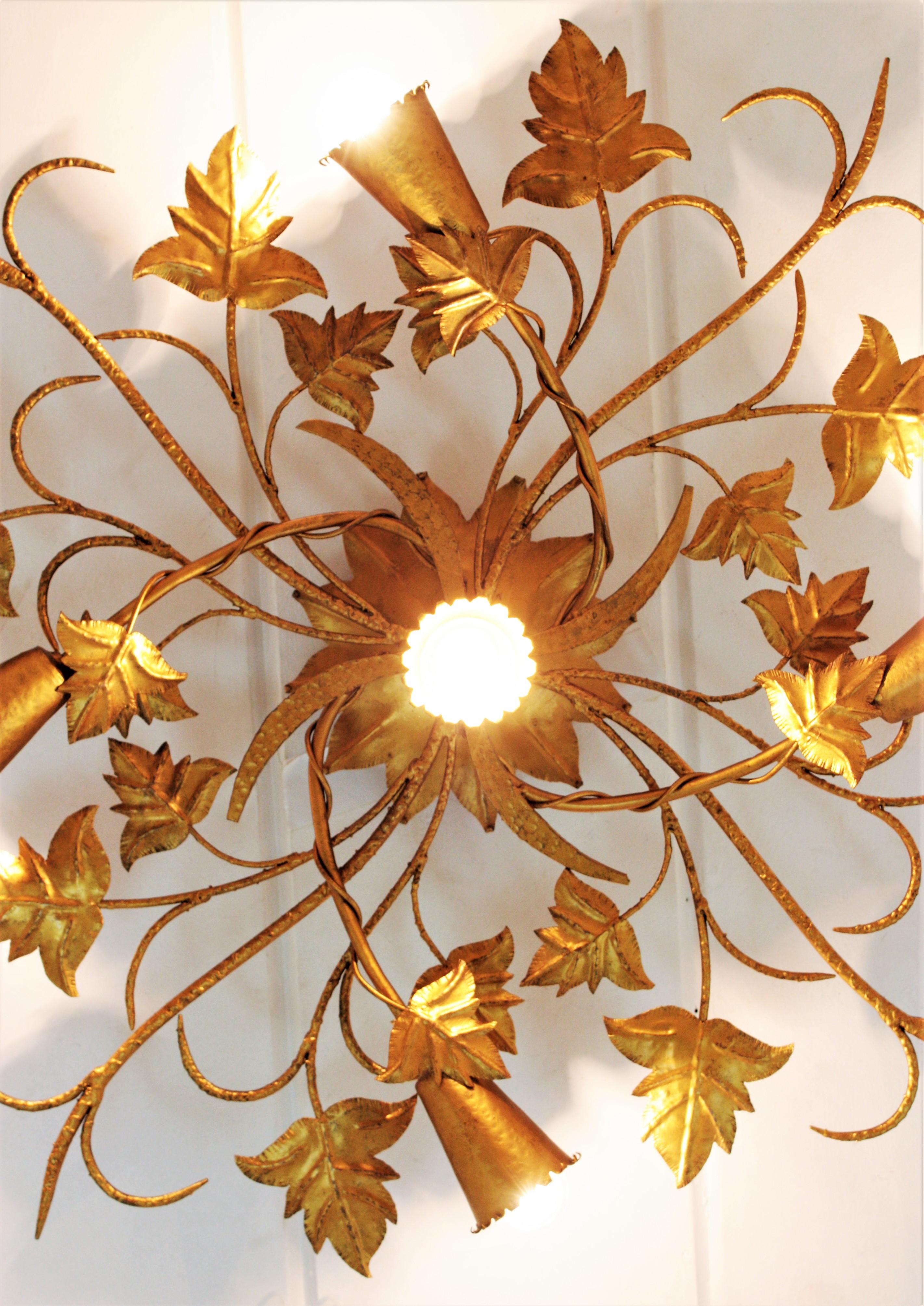 Huge Spanish Foliage Floral Chandelier Flush Mount in Gilt Wrought Iron 1