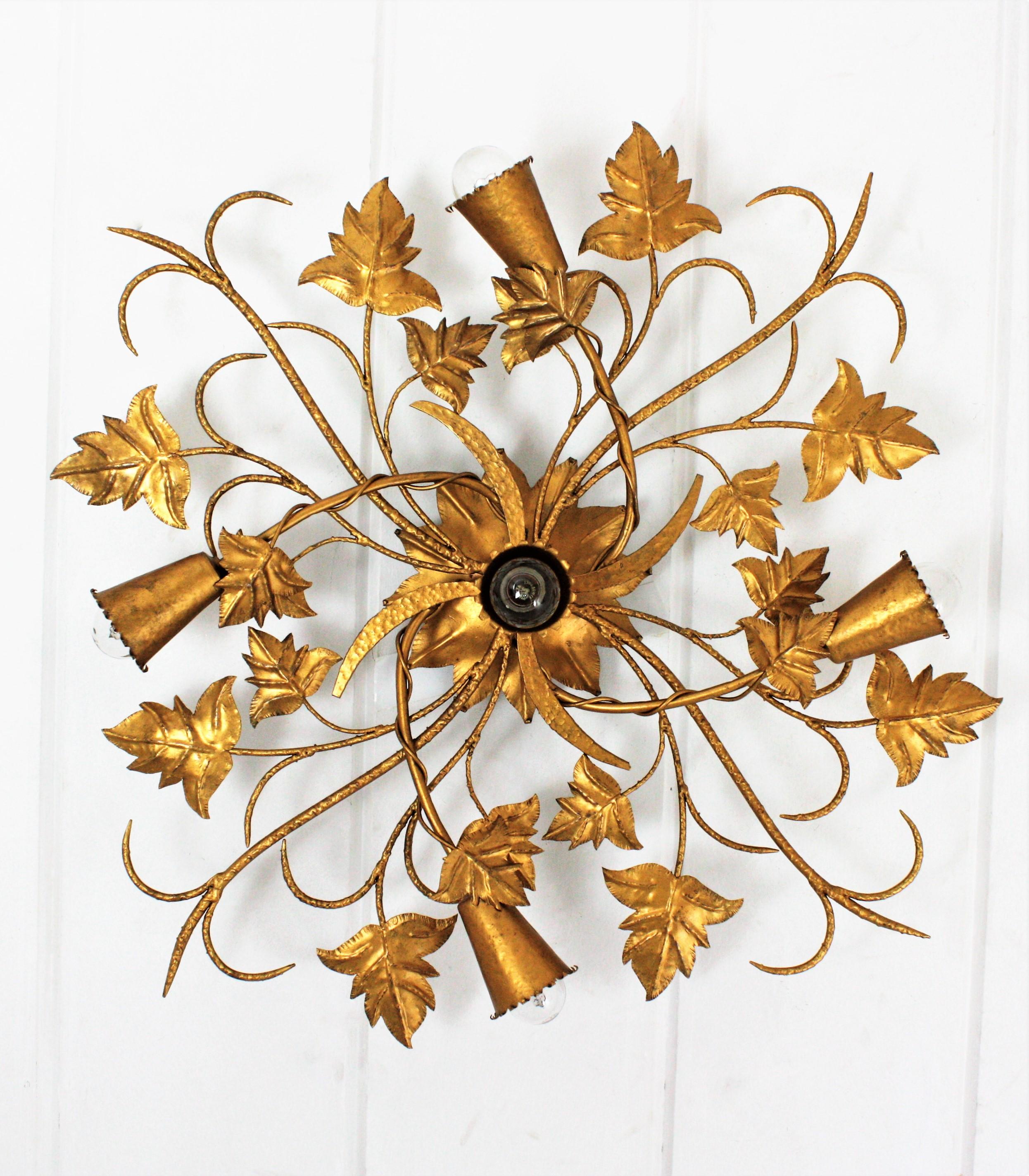 Huge Spanish Foliage Floral Chandelier Flush Mount in Gilt Wrought Iron 2