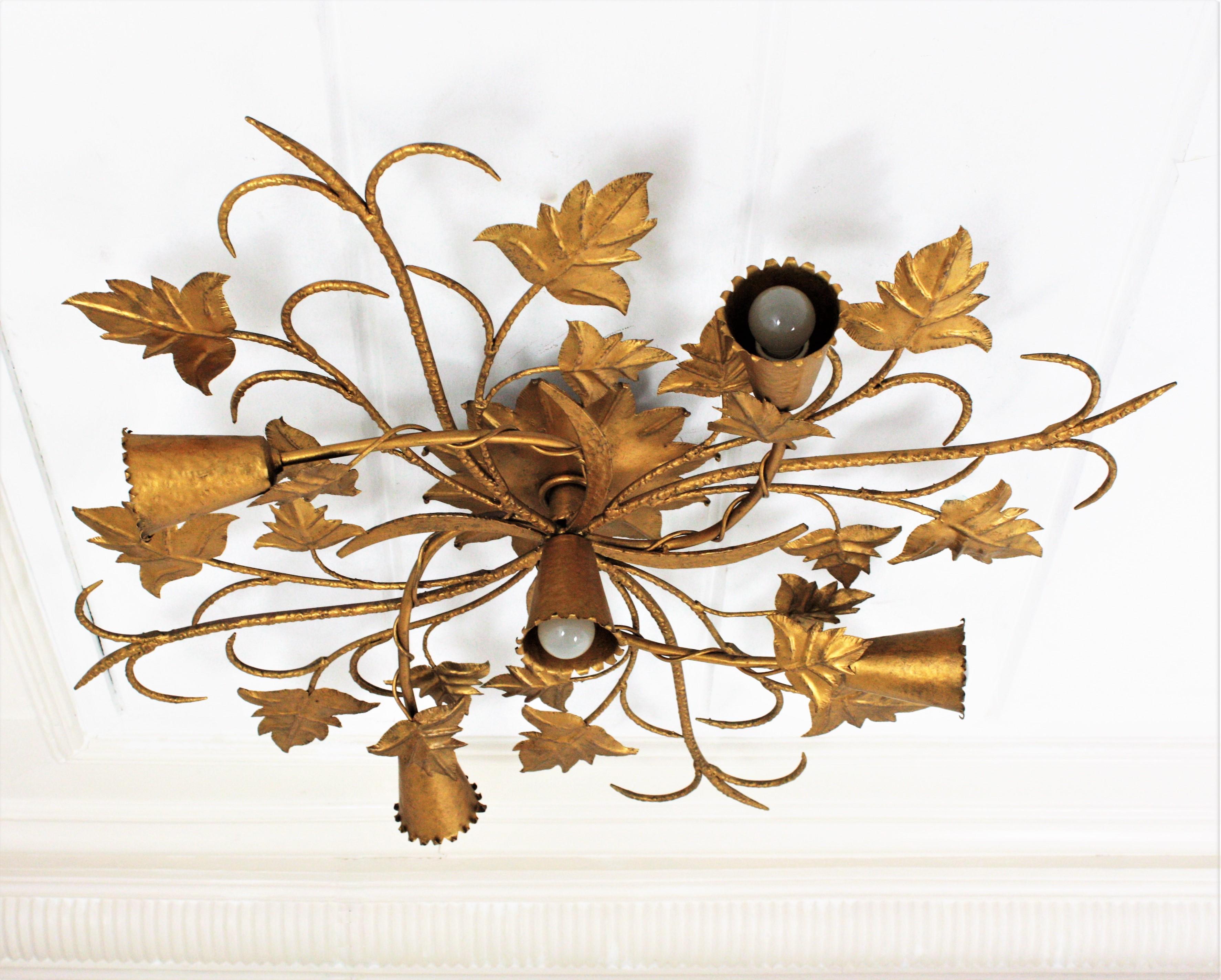 Huge Spanish Foliage Floral Chandelier Flush Mount in Gilt Wrought Iron 4