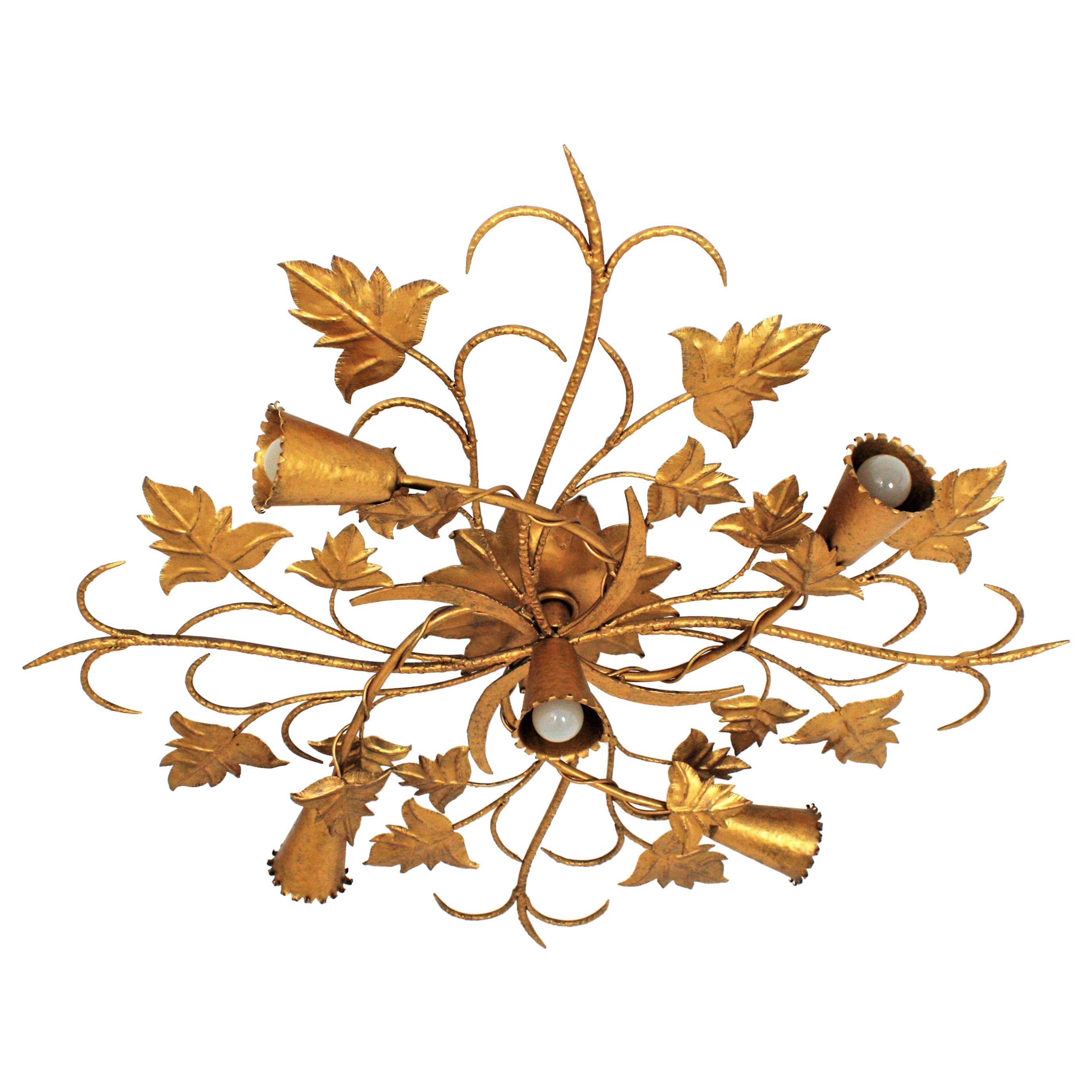 Huge Spanish Foliage Floral Chandelier Flush Mount in Gilt Wrought Iron