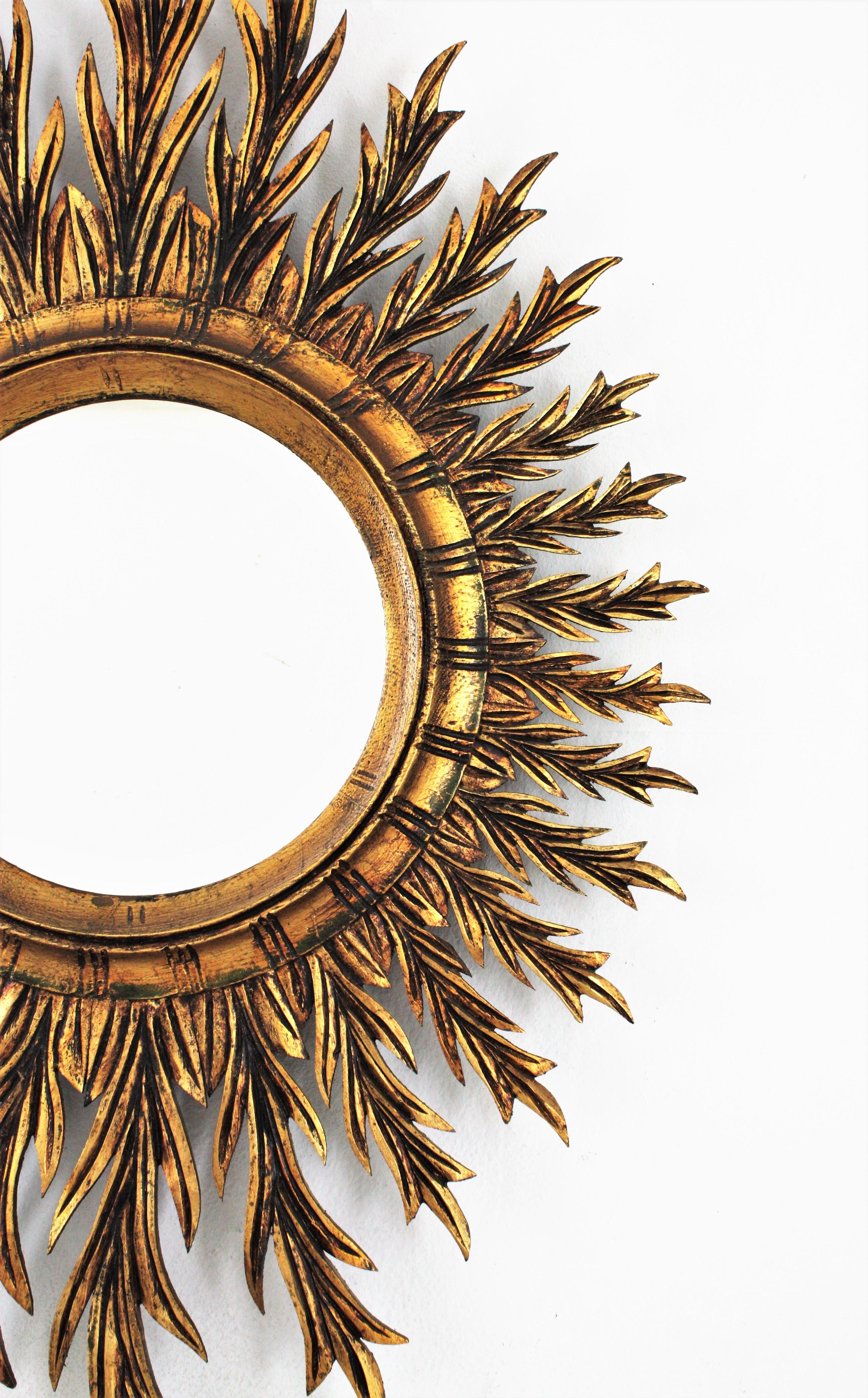 Mid-Century Spanish Oval Sunburst Mirror in Carved Giltwood 2