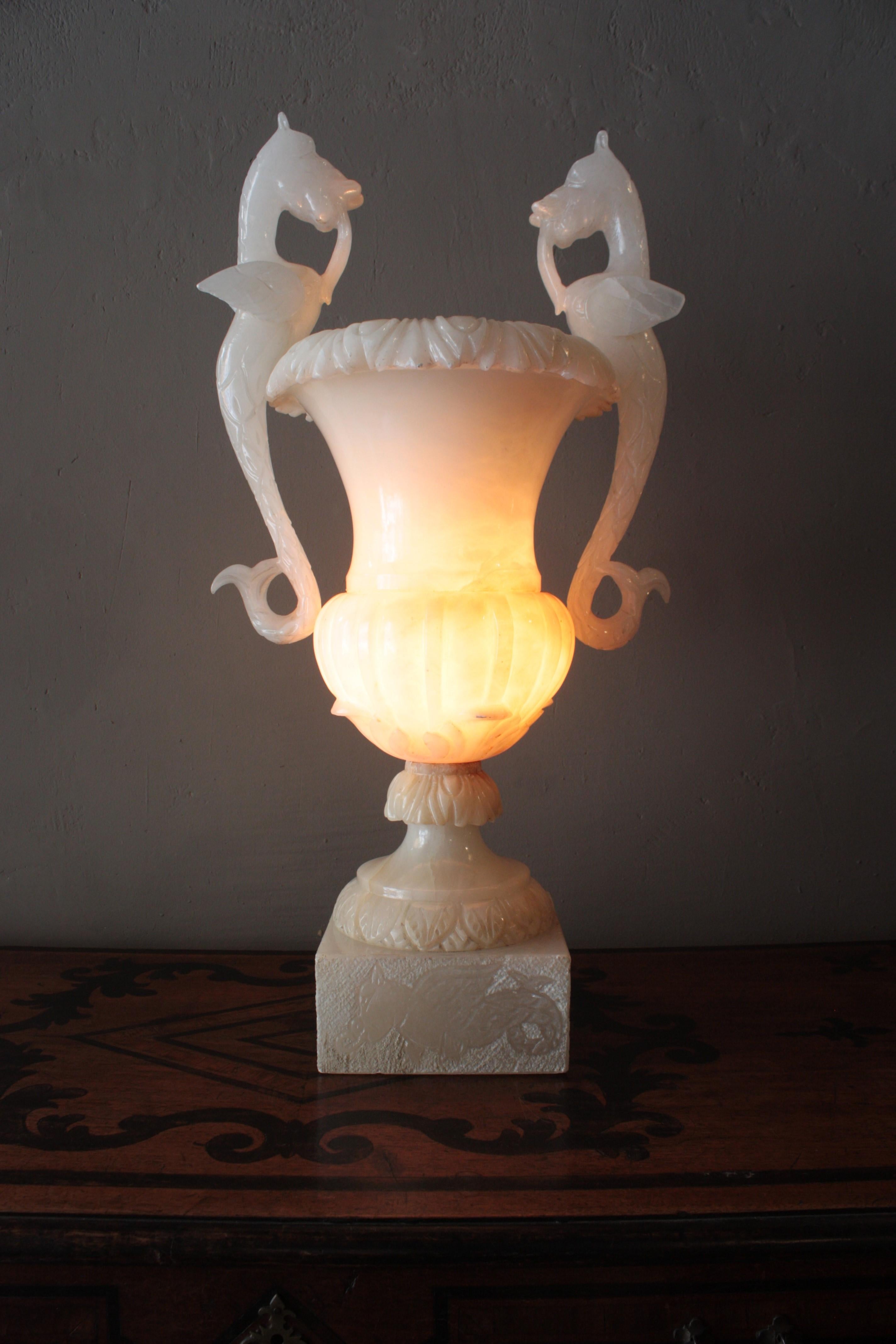 Huge Spanish Neoclassical Alabaster Urn Table Lamp with Winged Dragons For Sale 7