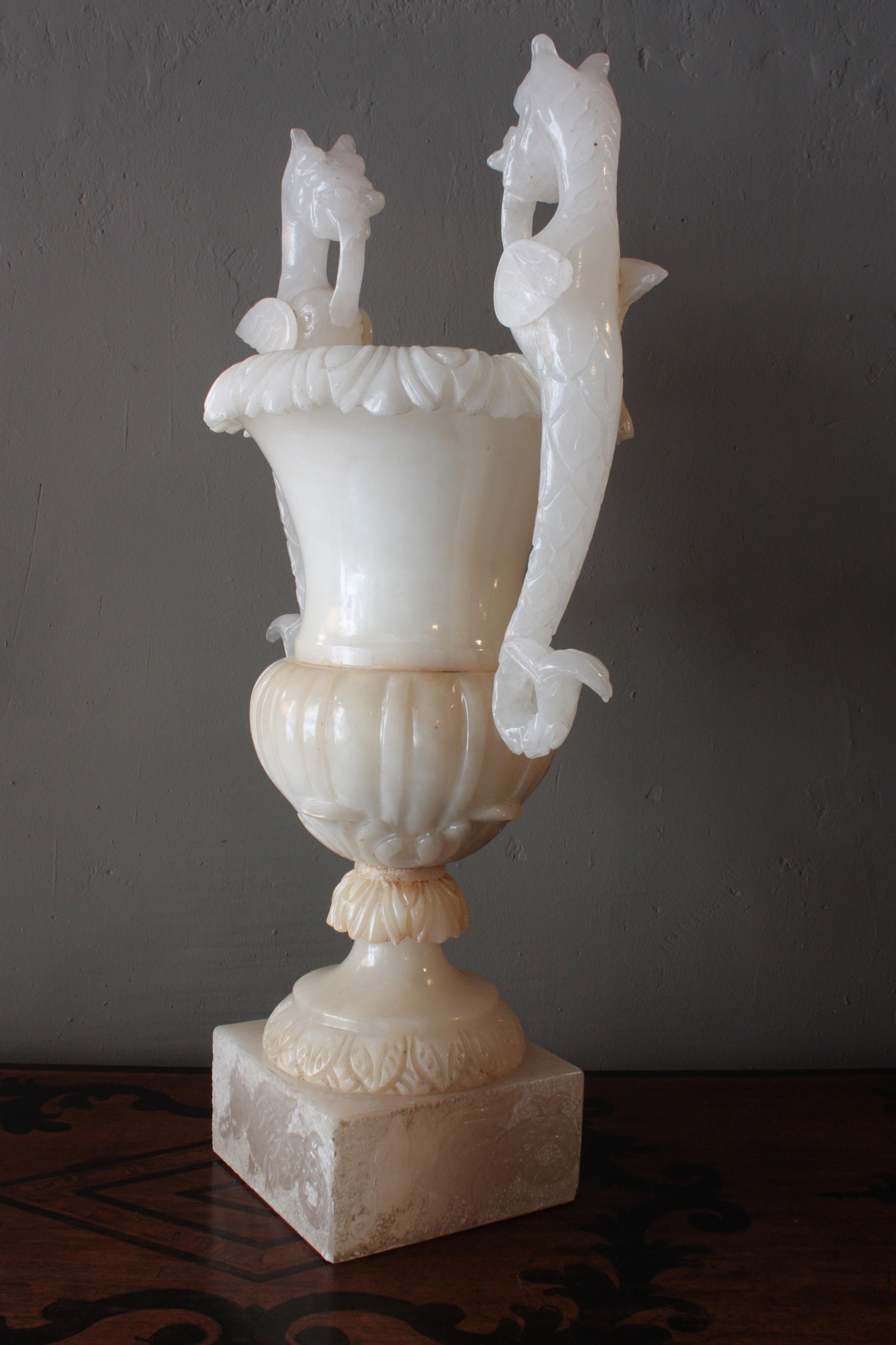 Huge Spanish Neoclassical Alabaster Urn Table Lamp with Winged Dragons For Sale 8