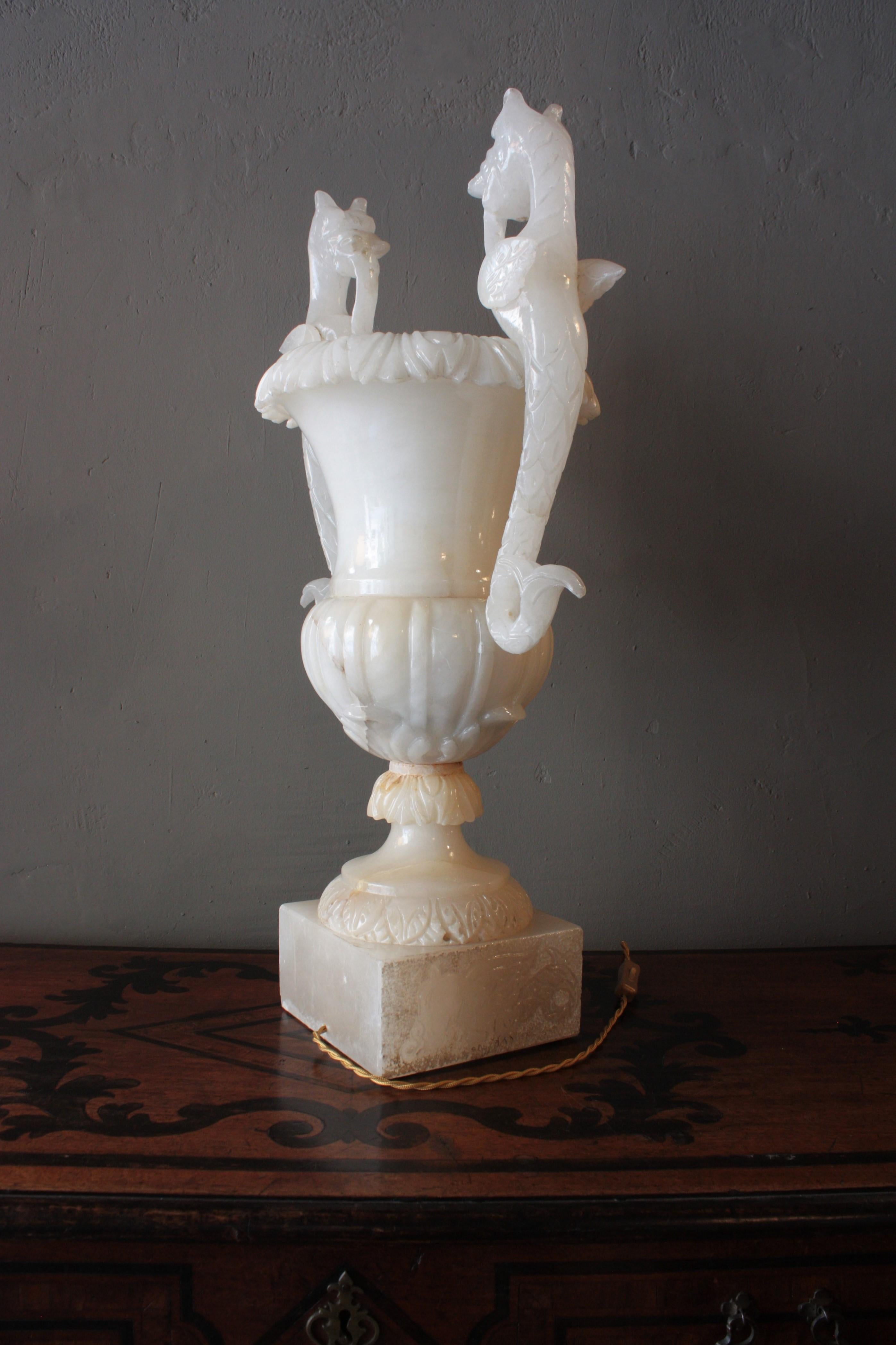 Huge Spanish Neoclassical Alabaster Urn Table Lamp with Winged Dragons For Sale 11