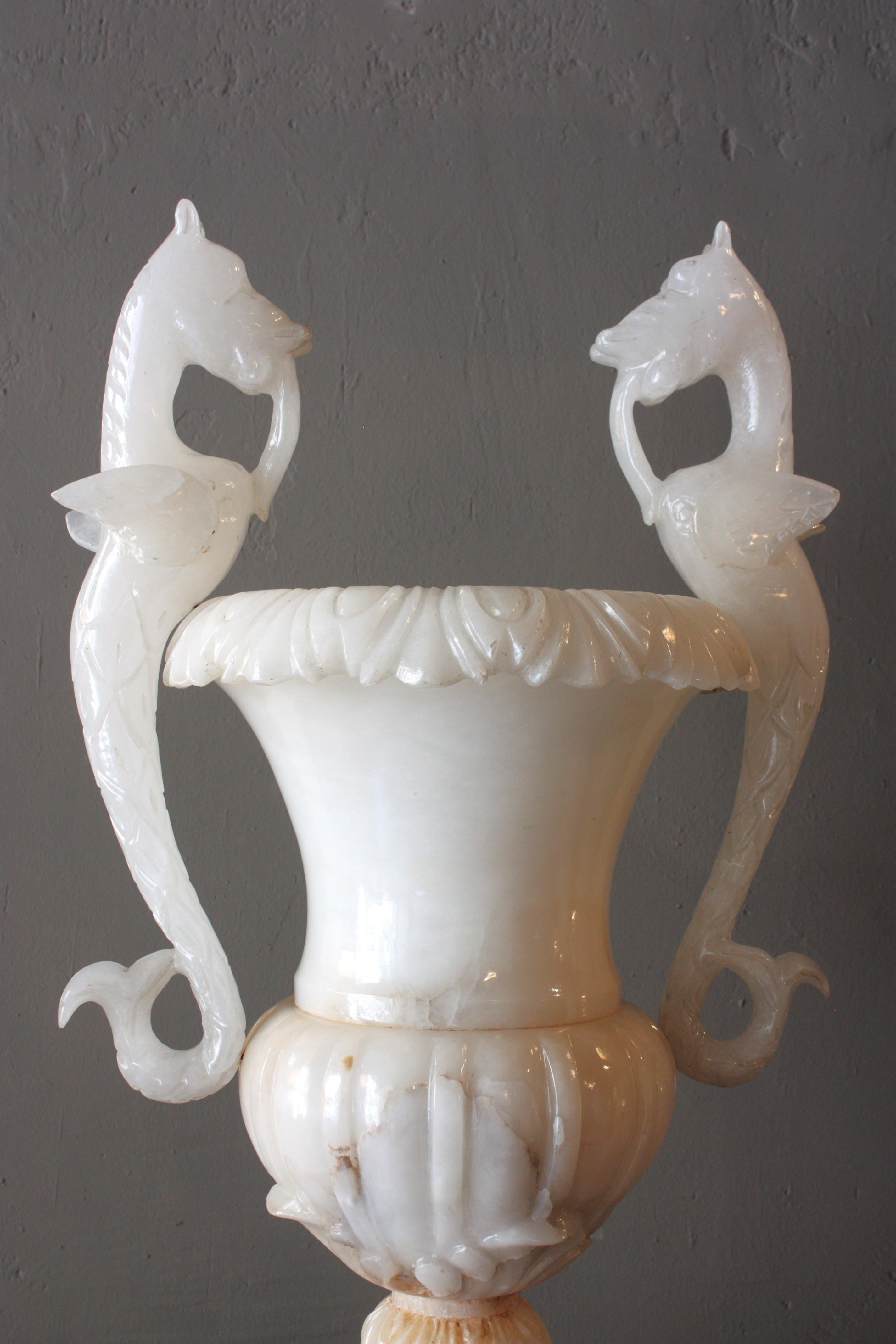 Carved Huge Spanish Neoclassical Alabaster Urn Table Lamp with Winged Dragons For Sale