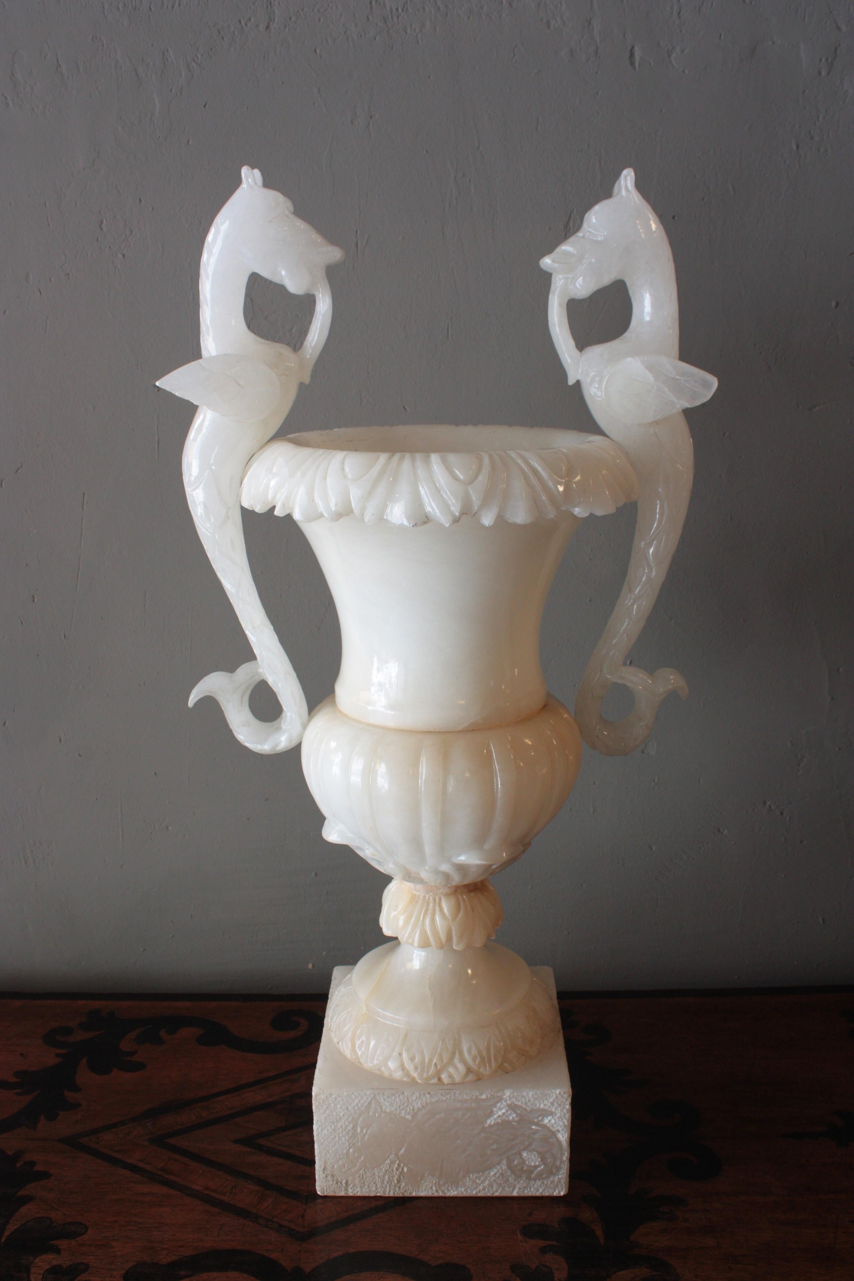 20th Century Huge Spanish Neoclassical Alabaster Urn Table Lamp with Winged Dragons For Sale