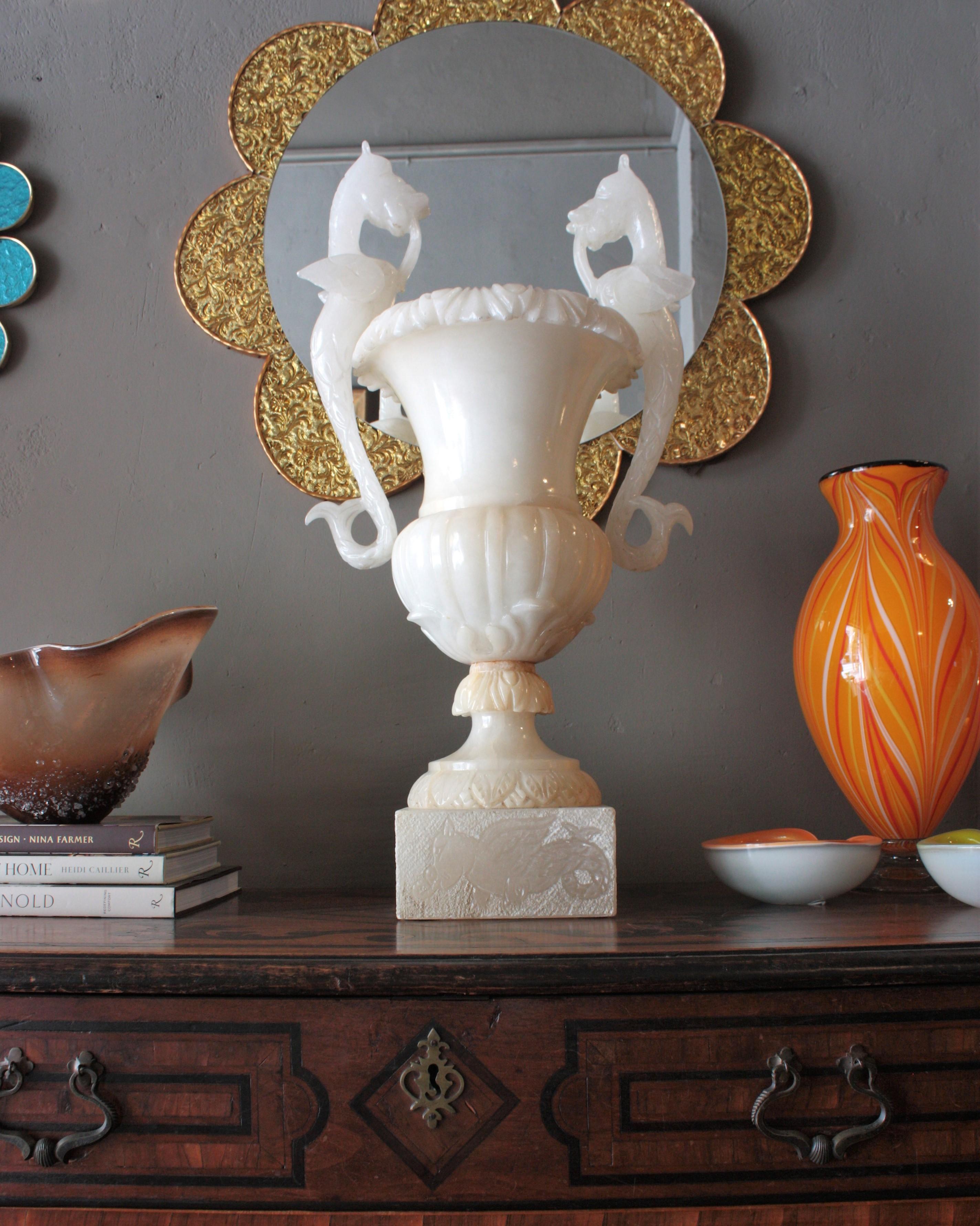 Huge Spanish Neoclassical Alabaster Urn Table Lamp with Winged Dragons For Sale 1
