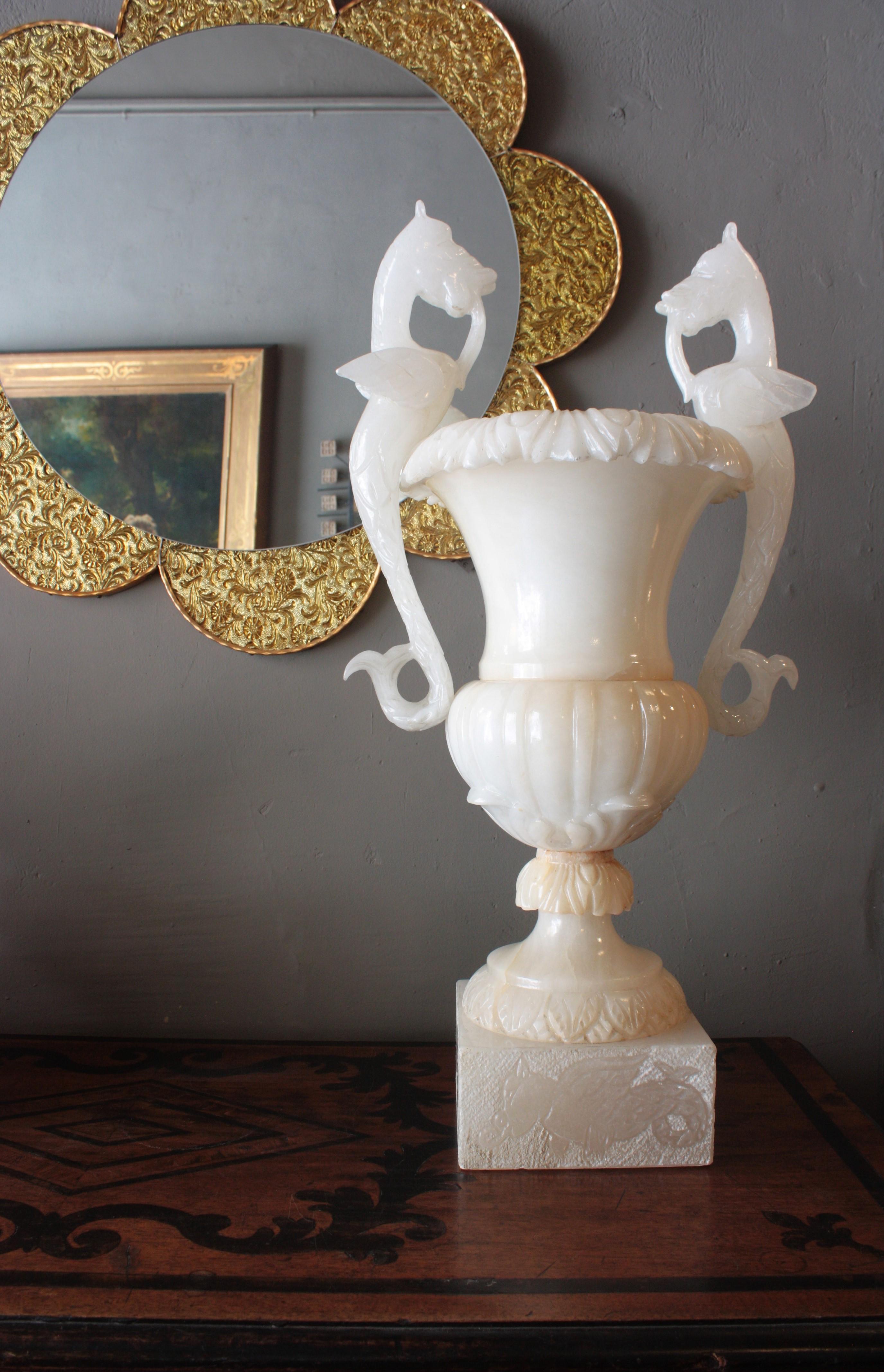 Huge Spanish Neoclassical Alabaster Urn Table Lamp with Winged Dragons For Sale 2
