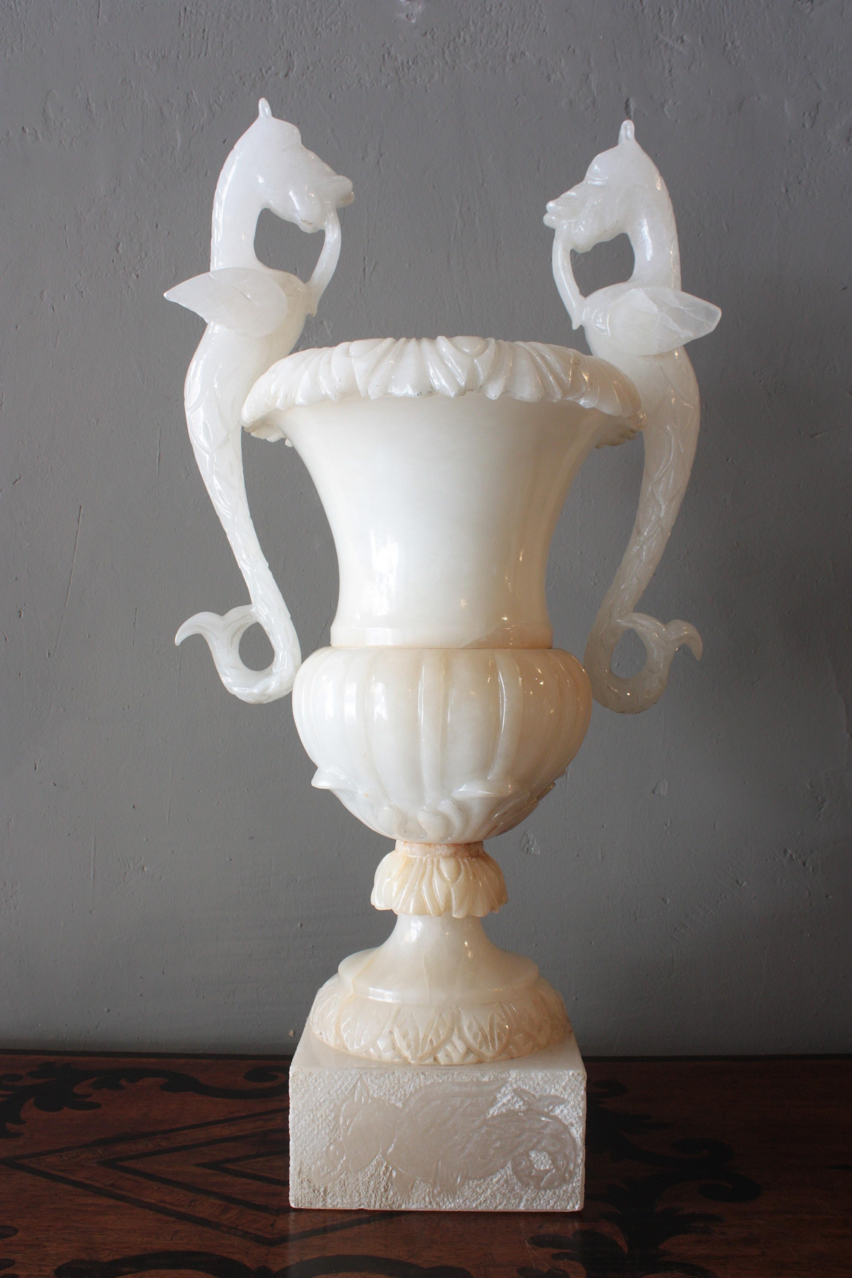 Huge Spanish Neoclassical Alabaster Urn Table Lamp with Winged Dragons For Sale 3