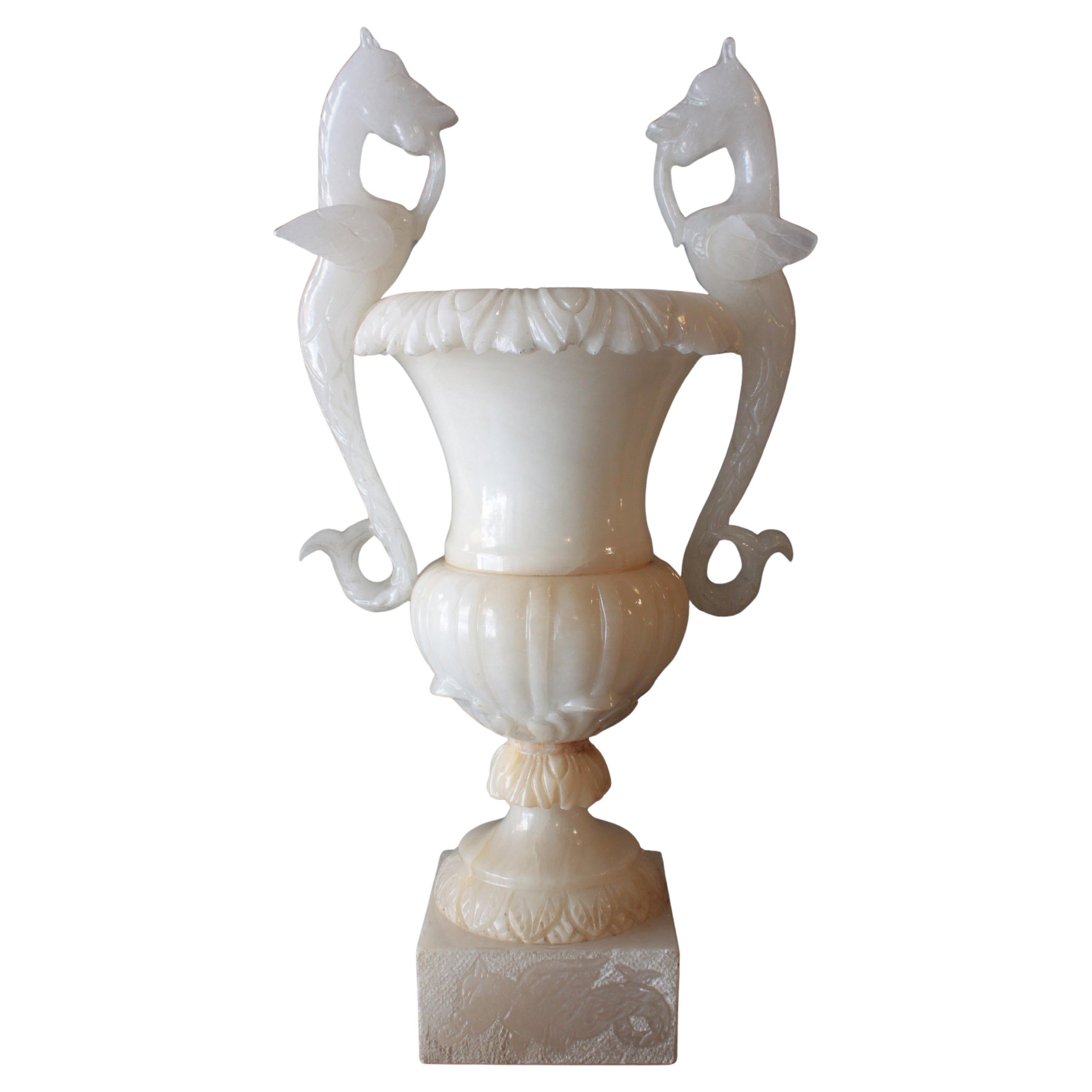 Huge Spanish Neoclassical Alabaster Urn Table Lamp with Winged Dragons For Sale