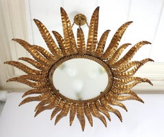 Huge Spanish Sunburst Foliage Pendant Light Fixture in Gilt Iron, 1950s