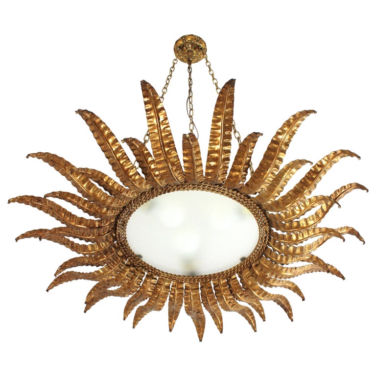 Huge Spanish Sunburst Foliage Pendant Light Fixture in Gilt Iron, 1950s