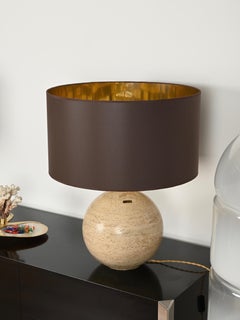Massive Spherical Travertine and Brass Table Lamp, Signed, Italy, 1973
