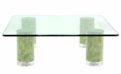 Huge Square Glass Top Coffee Table  Thick Cylinder Faux Finish Lucite Caps Legs