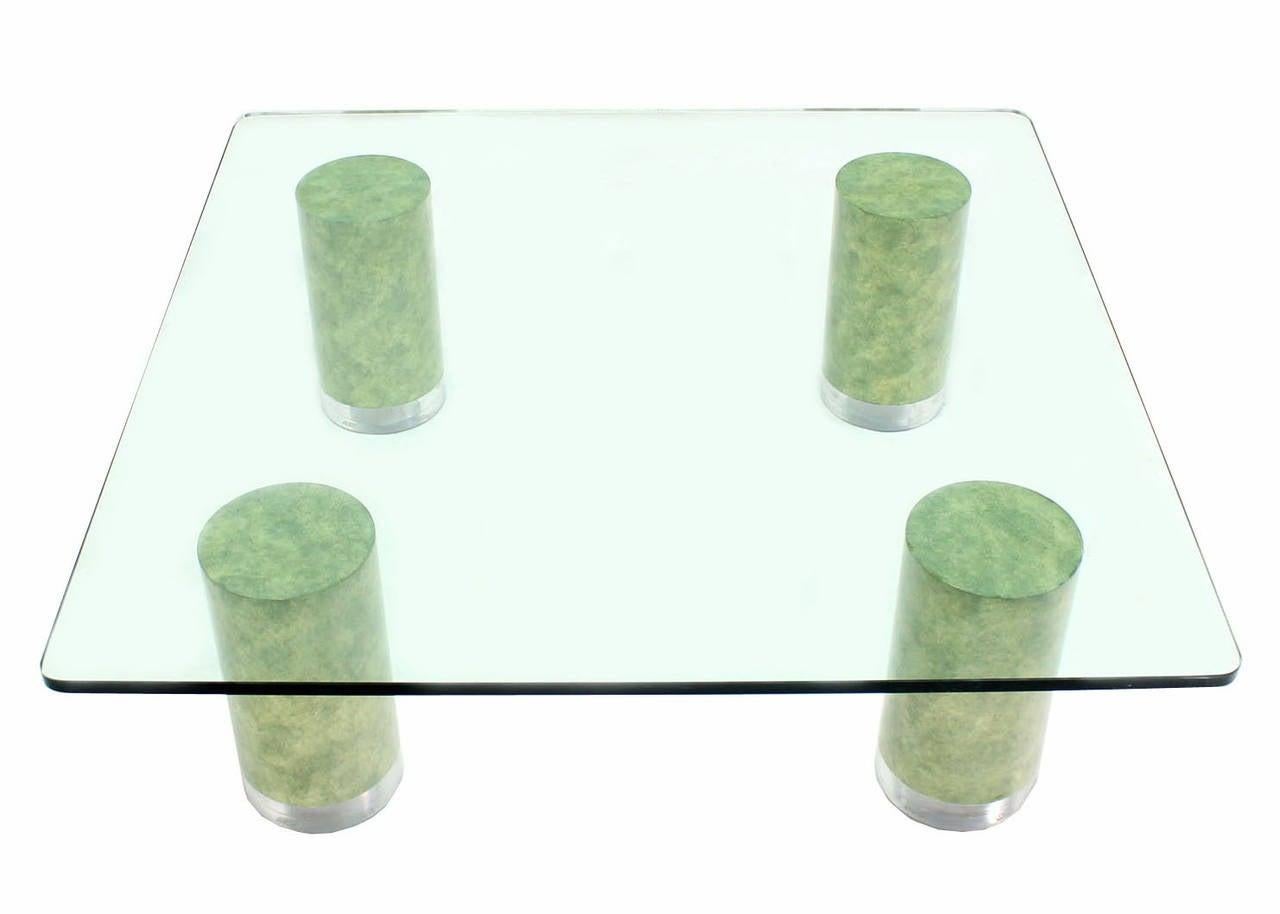 Mid-Century Modern Huge Square Glass Top Coffee Table  Thick Cylinder Faux Finish Lucite Caps Legs For Sale