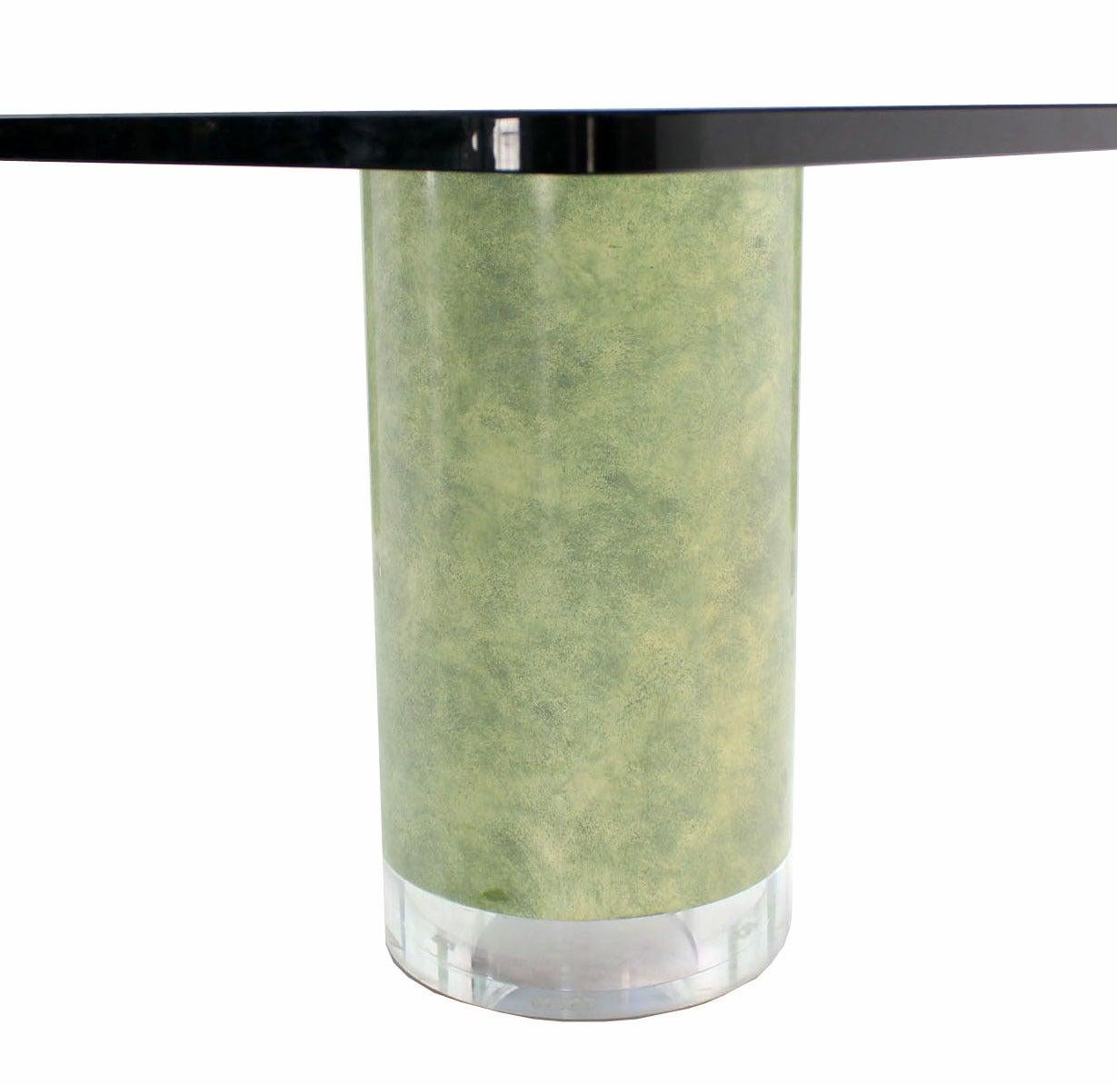Huge Square Glass Top Coffee Table  Thick Cylinder Faux Finish Lucite Caps Legs In Good Condition In Rockaway, NJ