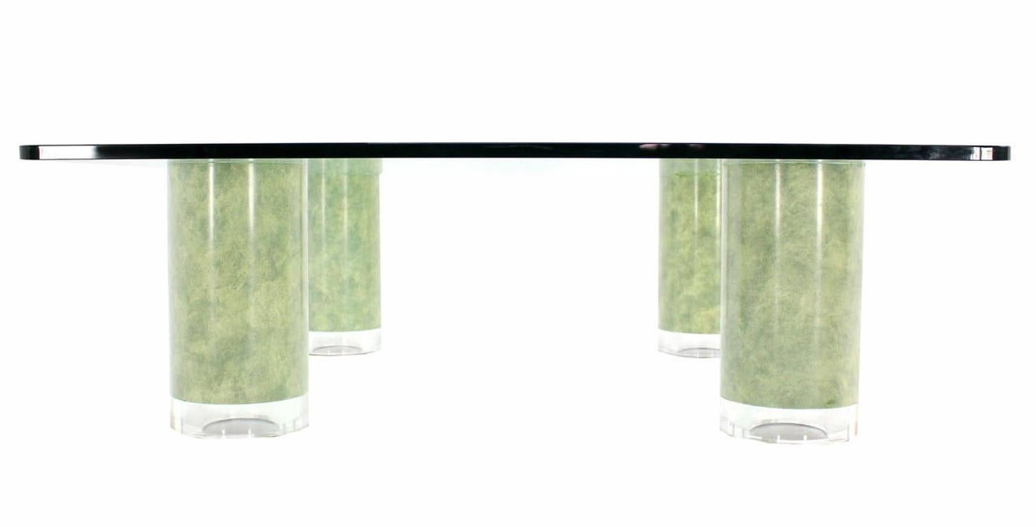 20th Century Huge Square Glass Top Coffee Table  Thick Cylinder Faux Finish Lucite Caps Legs For Sale