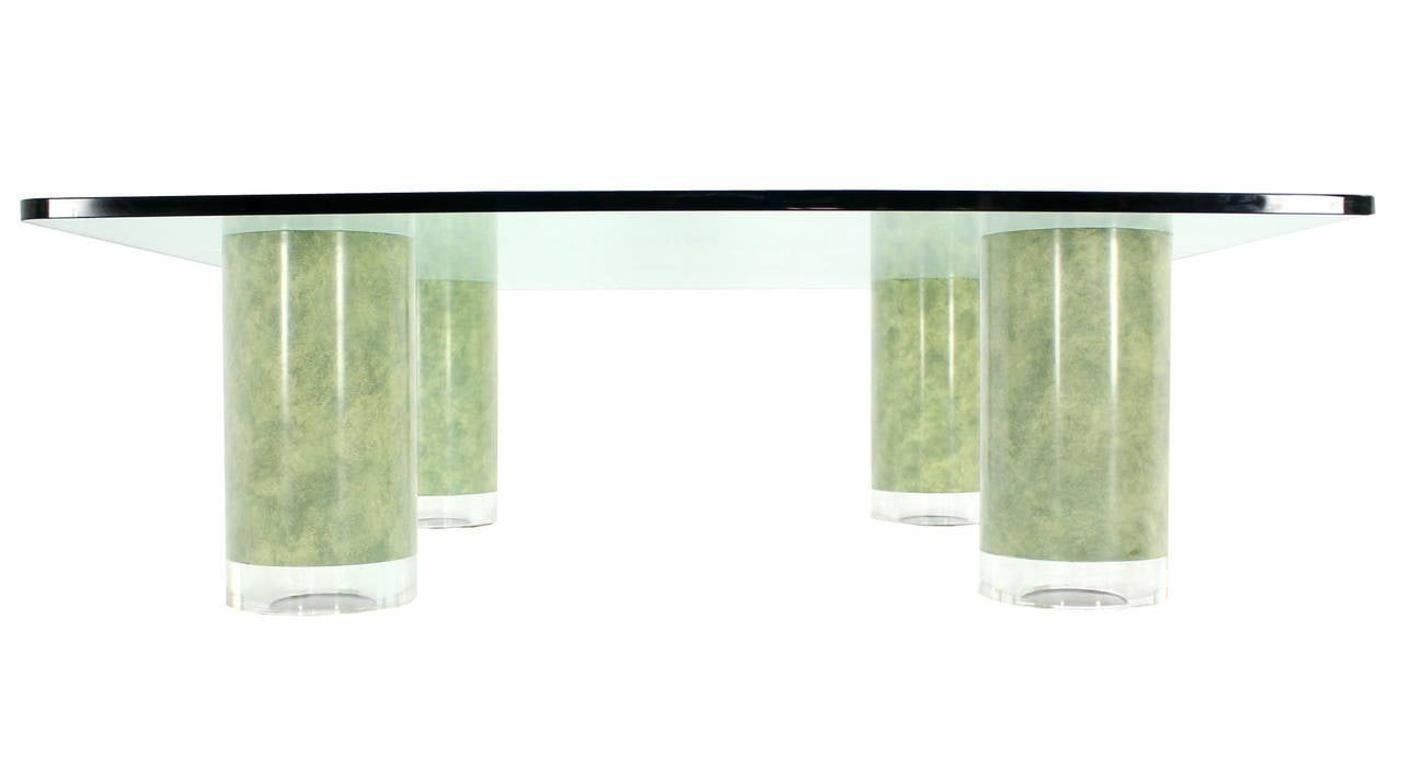 Faux Leather Huge Square Glass Top Coffee Table  Thick Cylinder Faux Finish Lucite Caps Legs For Sale