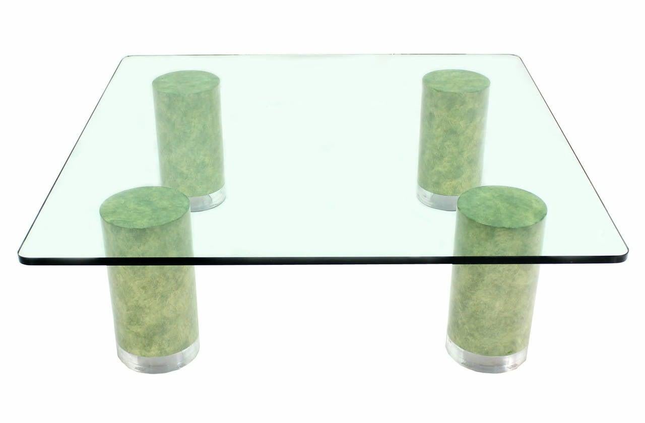 Huge Square Glass Top Coffee Table  Thick Cylinder Faux Finish Lucite Caps Legs For Sale 1