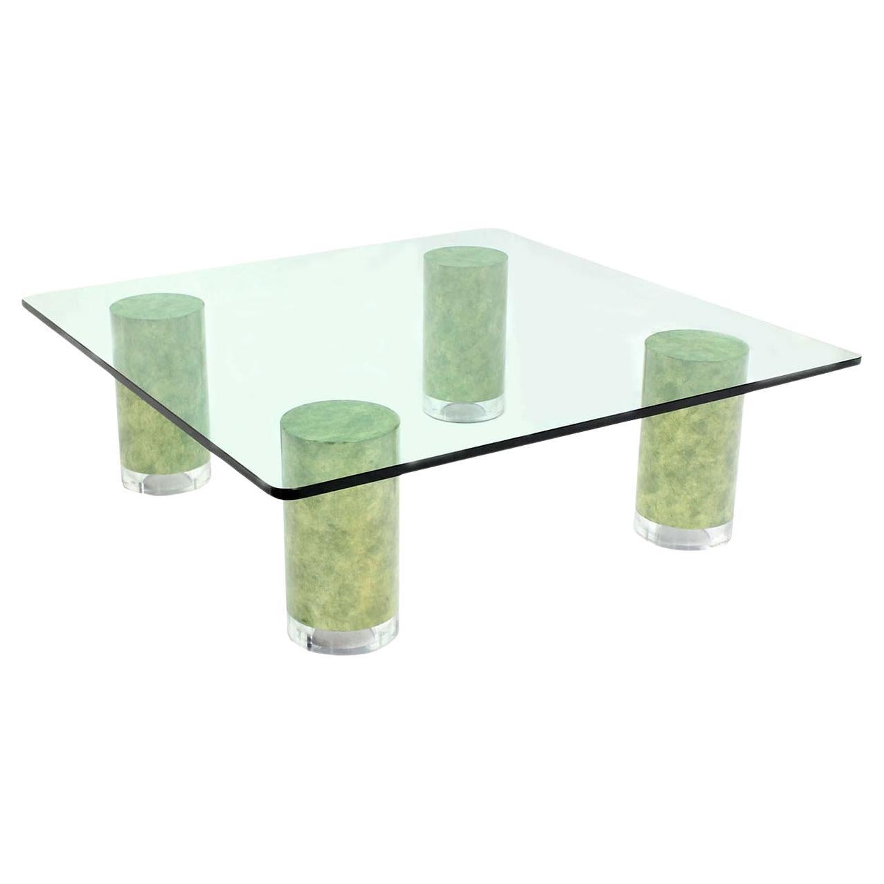 Huge Square Glass Top Coffee Table  Thick Cylinder Faux Finish Lucite Caps Legs For Sale