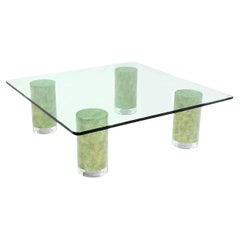 Énorme table basse carrée à plateau en verre  Cylindre épais Faux fini Lucite Caps Legs