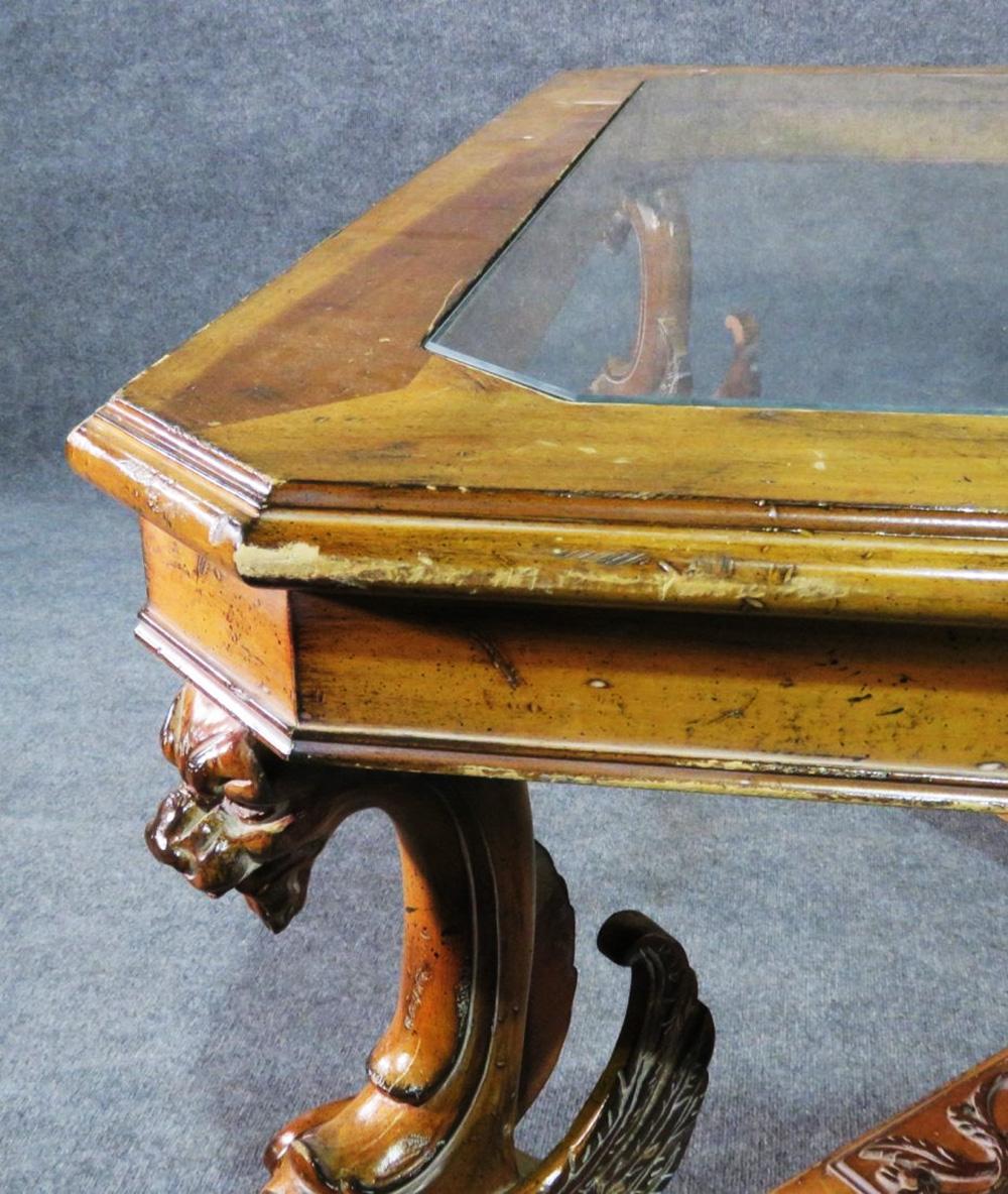Can be refinished or painted to suit your client's taste. This is a one-of-a-kind table. Imagine it gilded in gold leaf! Beveled glass top. Measures: 30