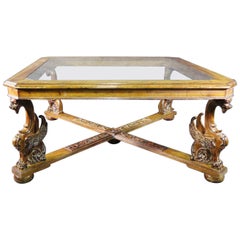 Huge Square RJ Horner Style Griffin Carved Beveled Glass Top Dining Table