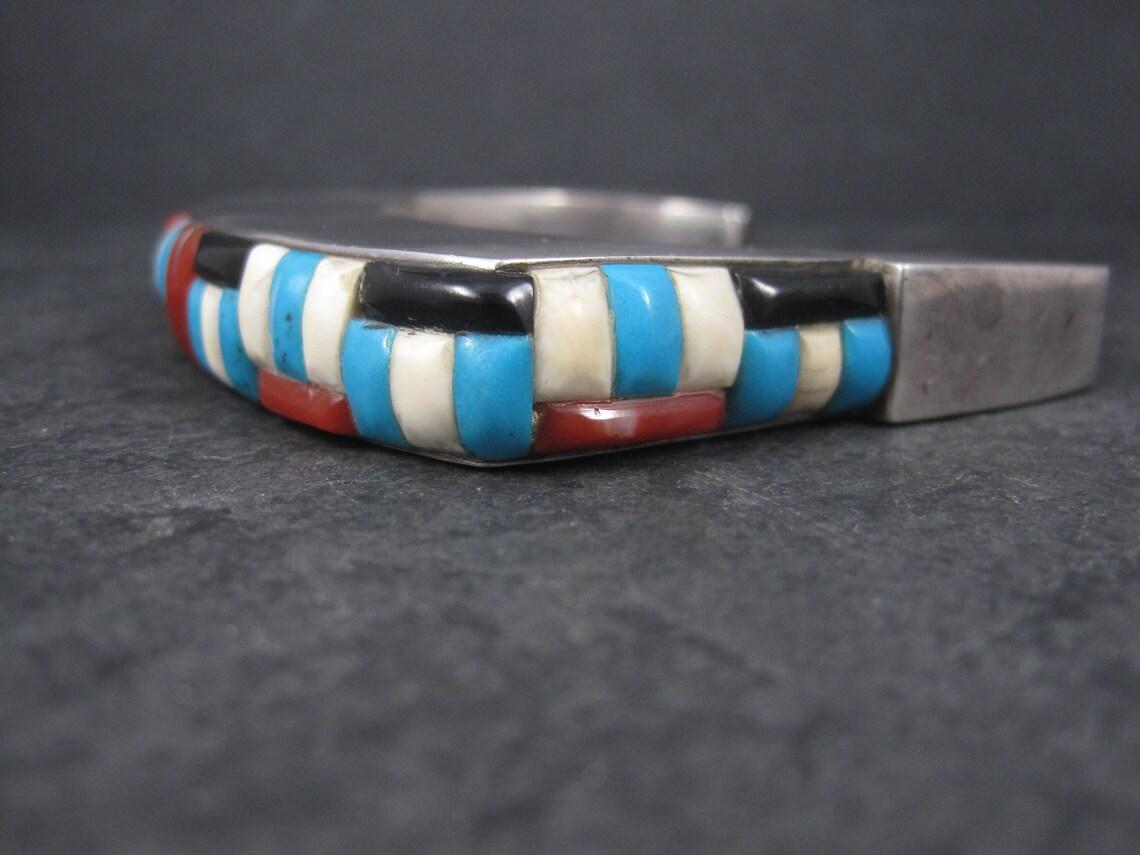Huge Square Vintage Native American Inlay Cuff Bracelet 6.75 Inches For Sale 1