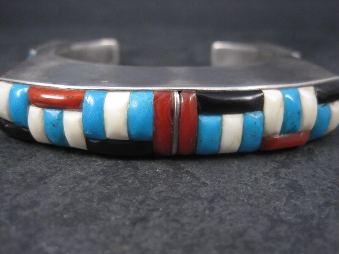 Huge Square Vintage Native American Inlay Cuff Bracelet 6.75 Inches For Sale 4