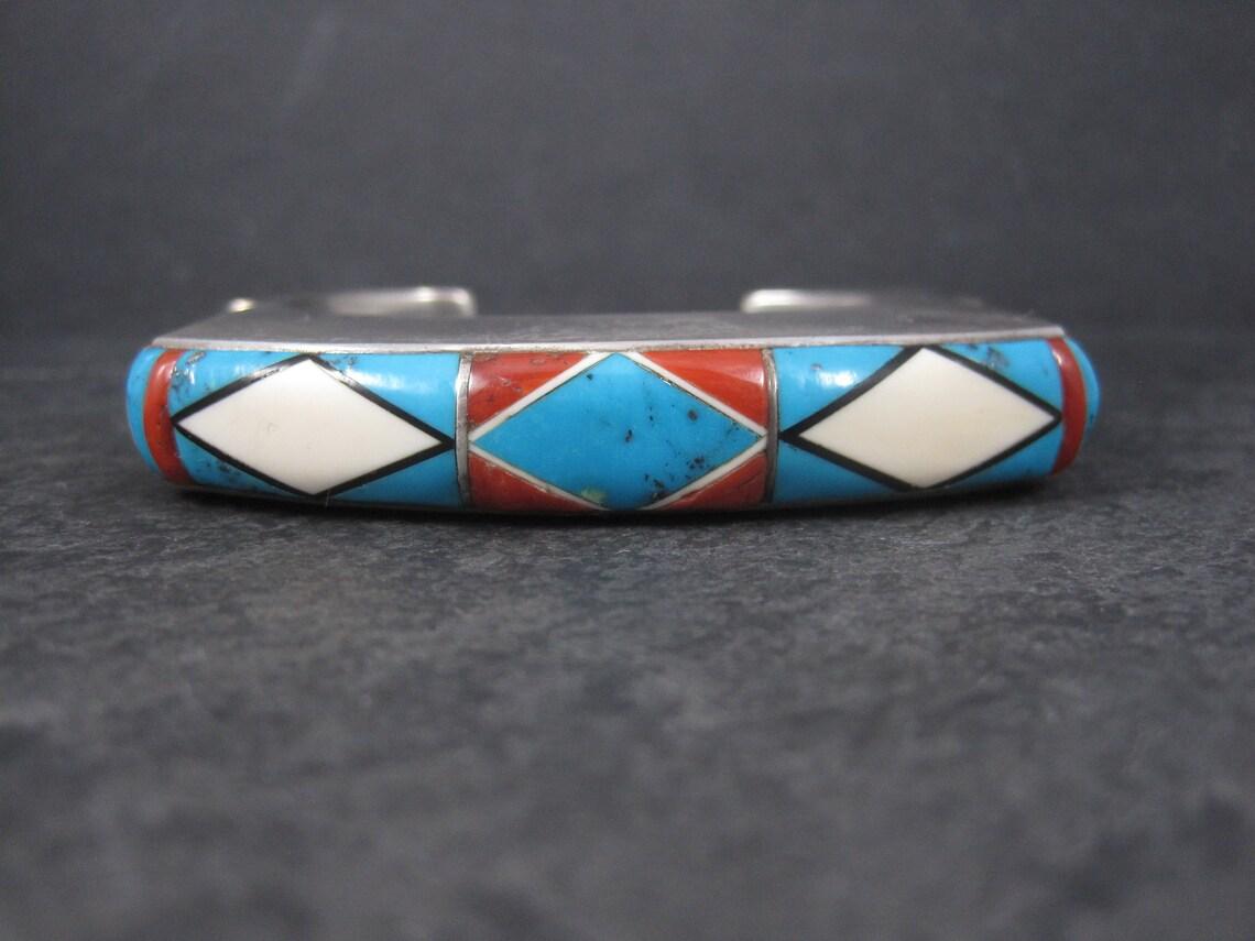 Huge Square Vintage Native American Inlay Cuff Bracelet 7 Inches In Good Condition For Sale In Webster, SD