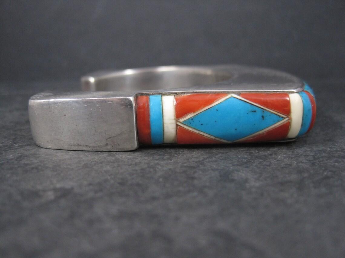 Women's or Men's Huge Square Vintage Native American Inlay Cuff Bracelet 7 Inches For Sale