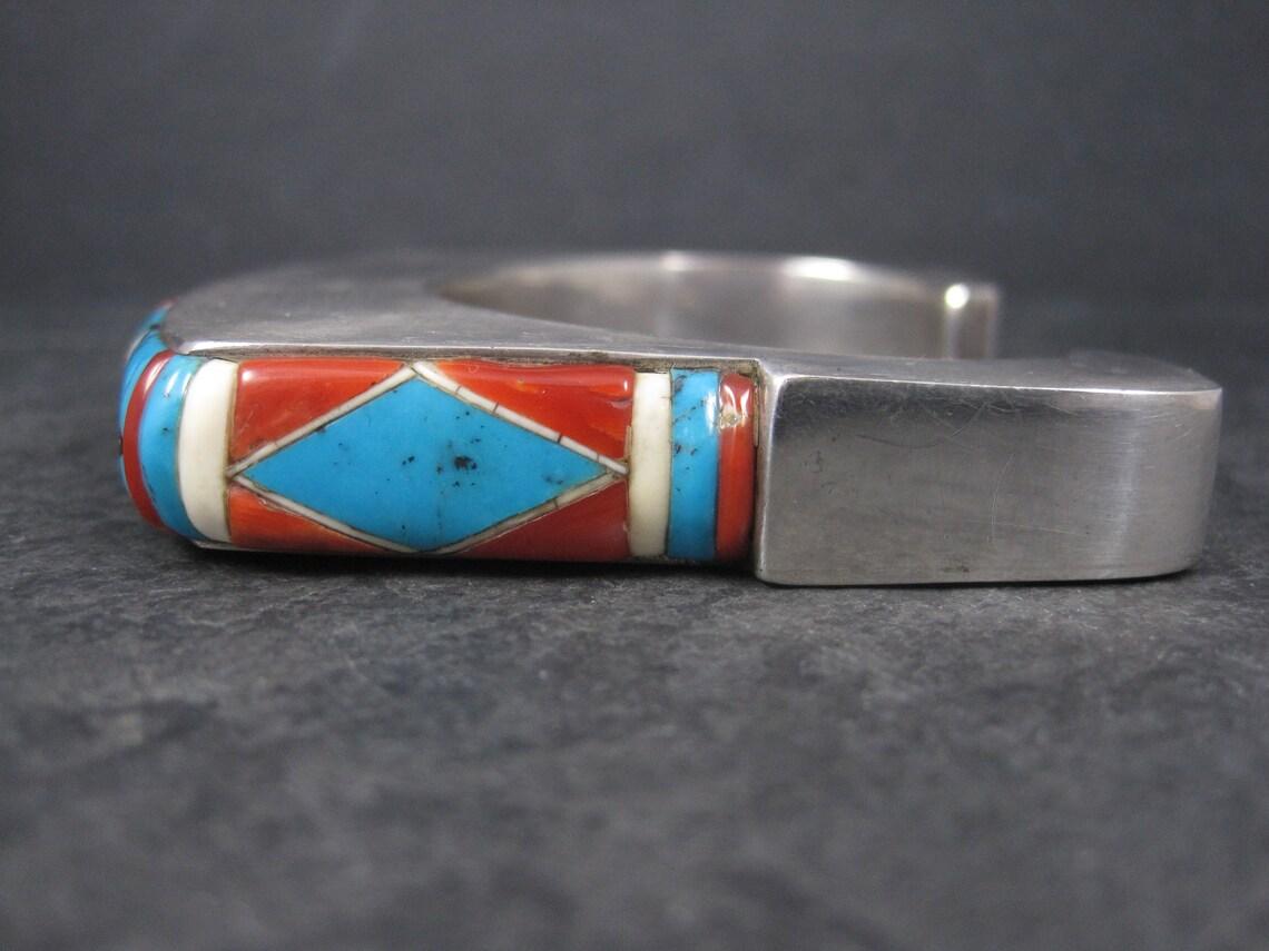 Huge Square Vintage Native American Inlay Cuff Bracelet 7 Inches For Sale 2