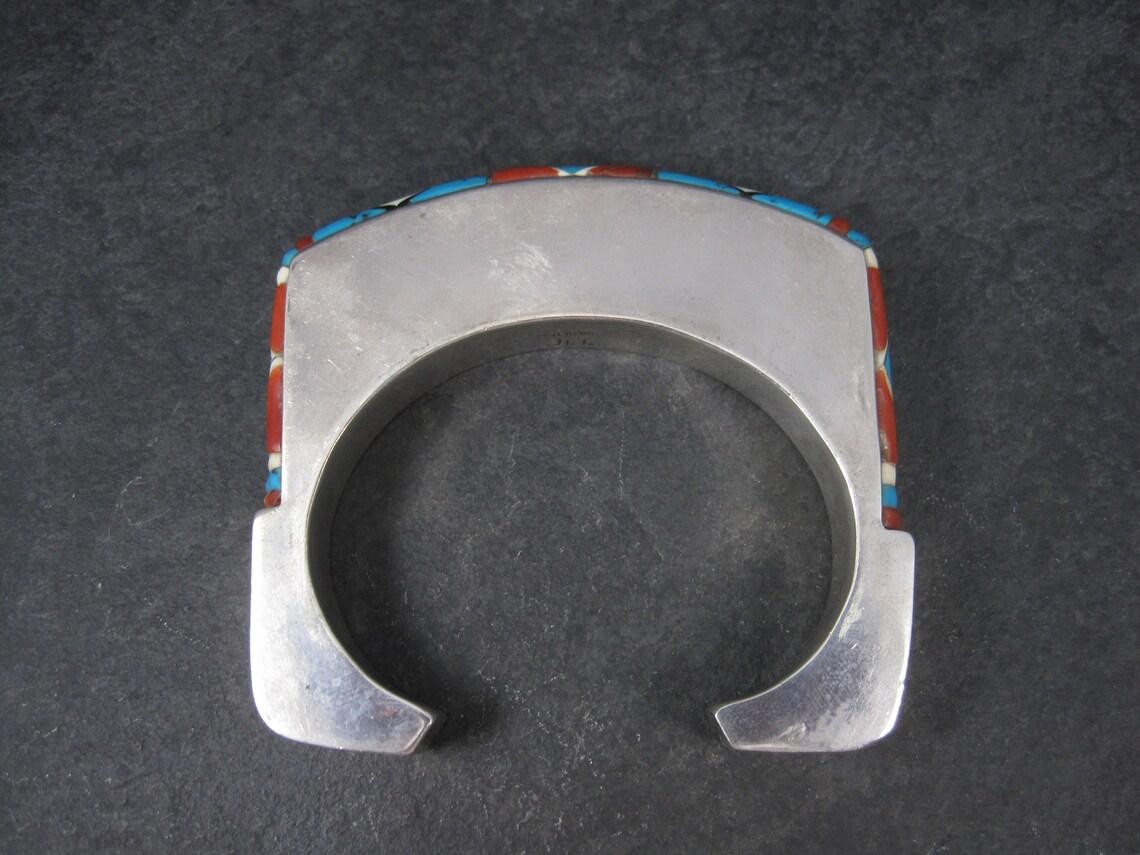 Huge Square Vintage Native American Inlay Cuff Bracelet 7 Inches For Sale 4