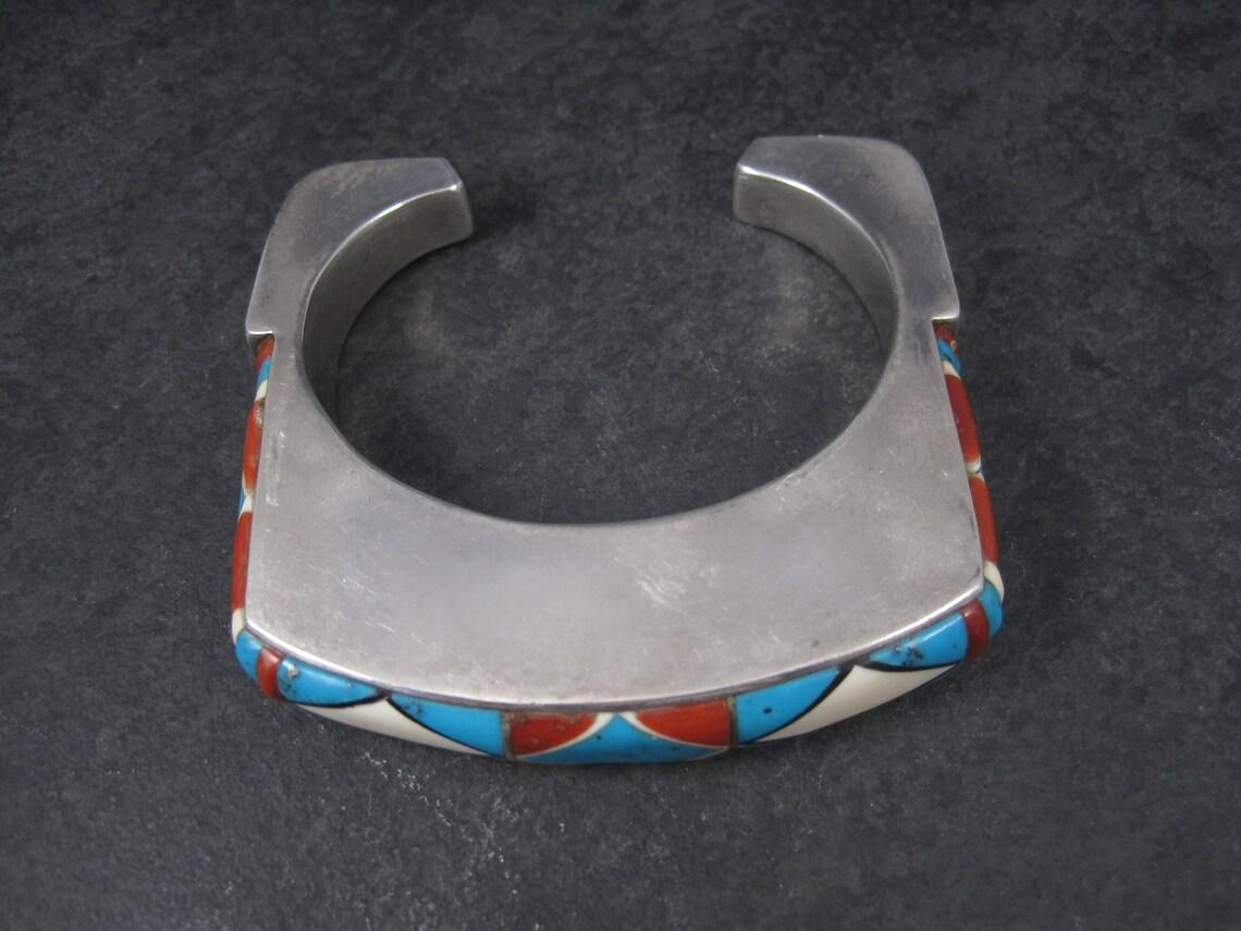 Huge Square Vintage Native American Inlay Cuff Bracelet 7 Inches For Sale 5