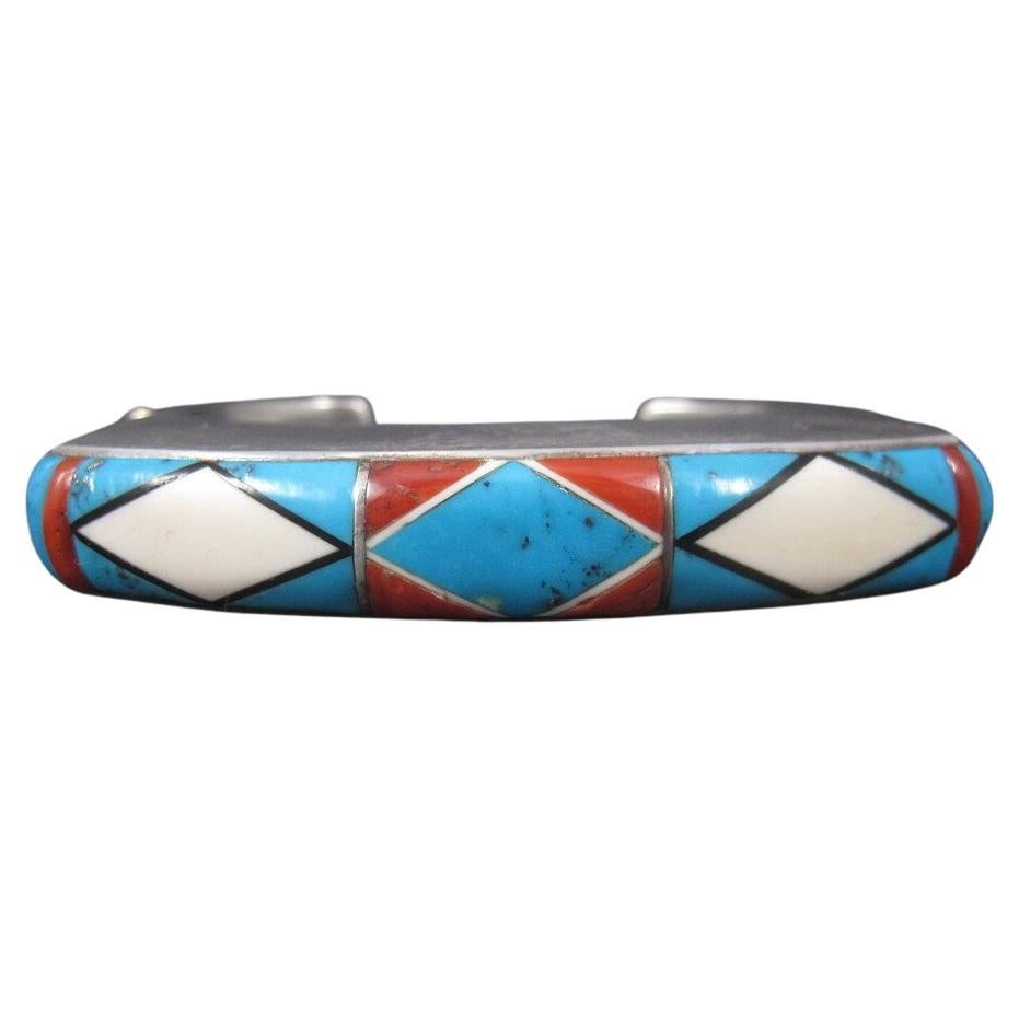 Huge Square Vintage Native American Inlay Cuff Bracelet 7 Inches For Sale