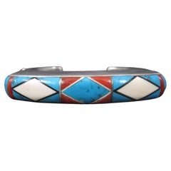Huge Square Vintage Native American Inlay Cuff Bracelet 7 Inches