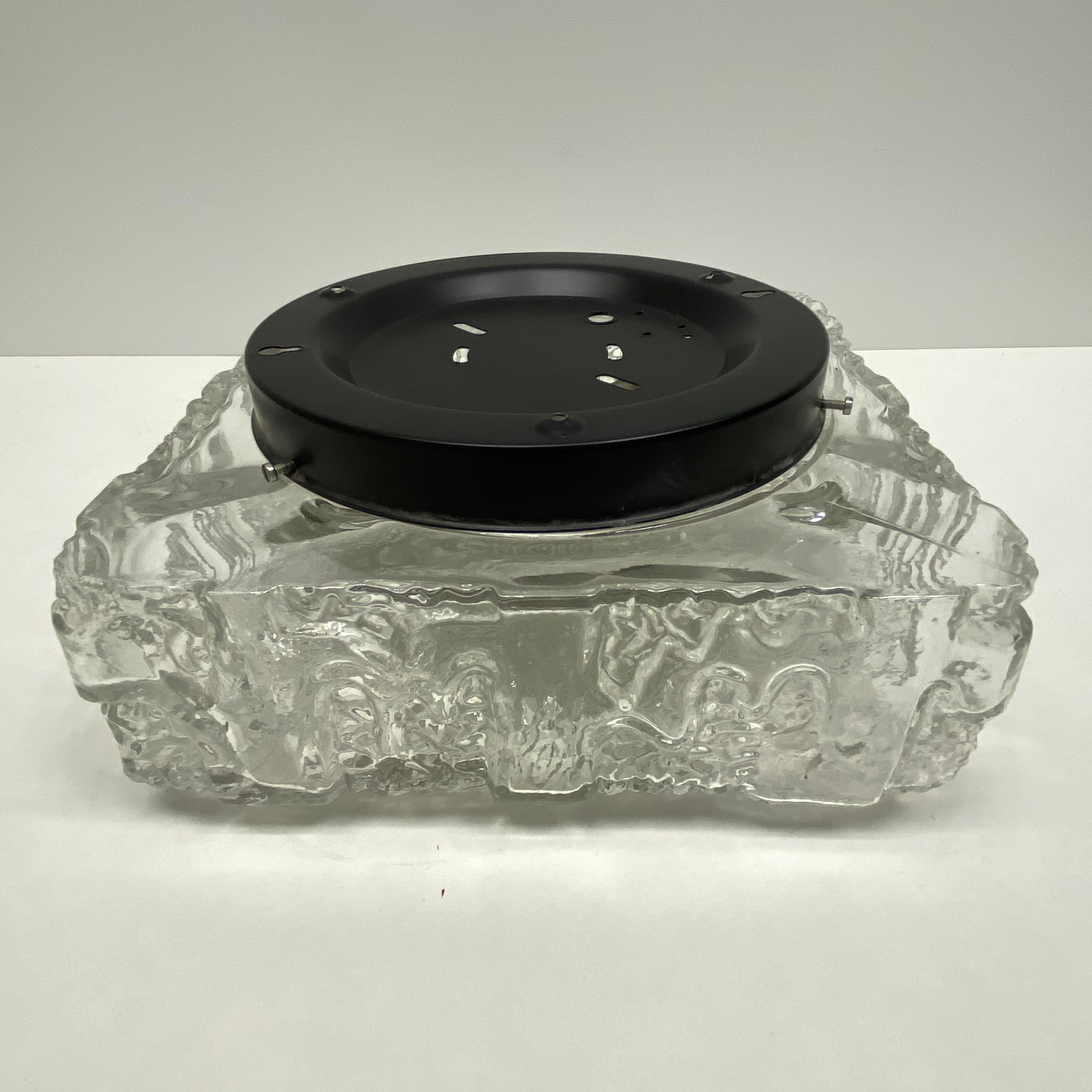 Metal Huge Square Wave Pattern Ice Glass Flush Mount Vintage German, 1960s For Sale