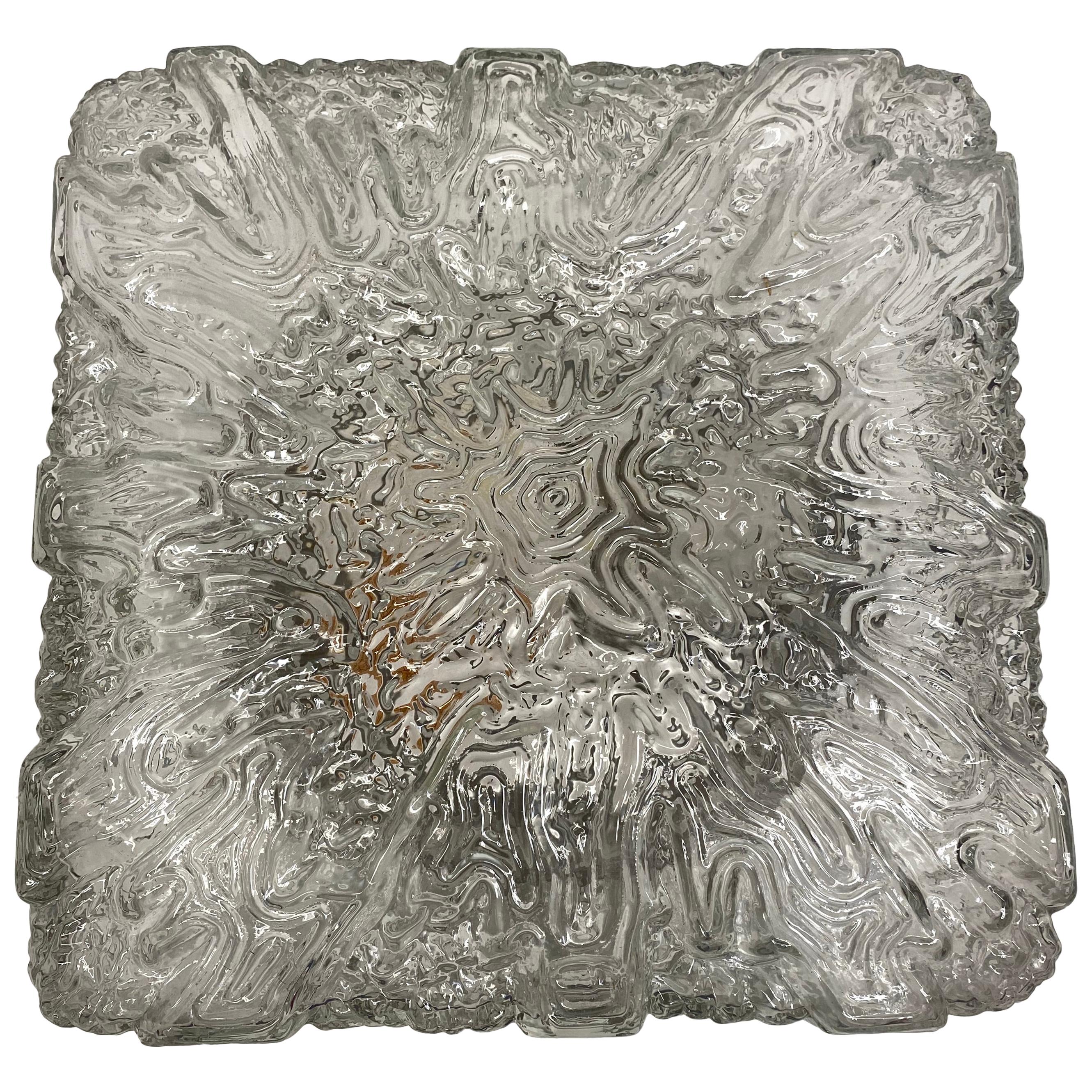 Huge Square Wave Pattern Ice Glass Flush Mount Vintage German, 1960s For Sale