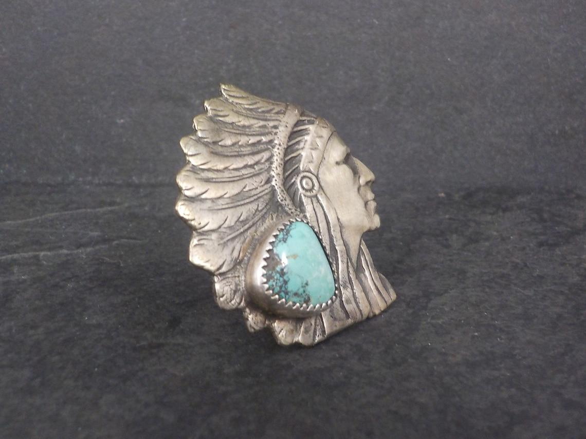 Huge Türkis-Indianer-Kopfring aus Sterling, Native American Chief (Indigene Kunst (Nord-/Südamerika)) im Angebot