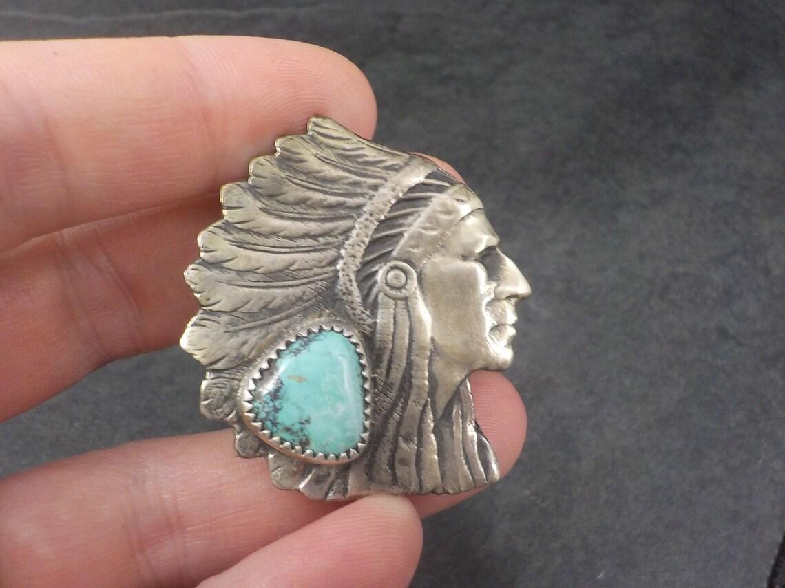 Women's or Men's Huge Sterling Turquoise Indian Head Ring Native American Chief For Sale