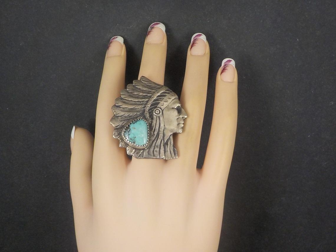 Huge Sterling Turquoise Indian Head Ring Native American Chief For Sale 1