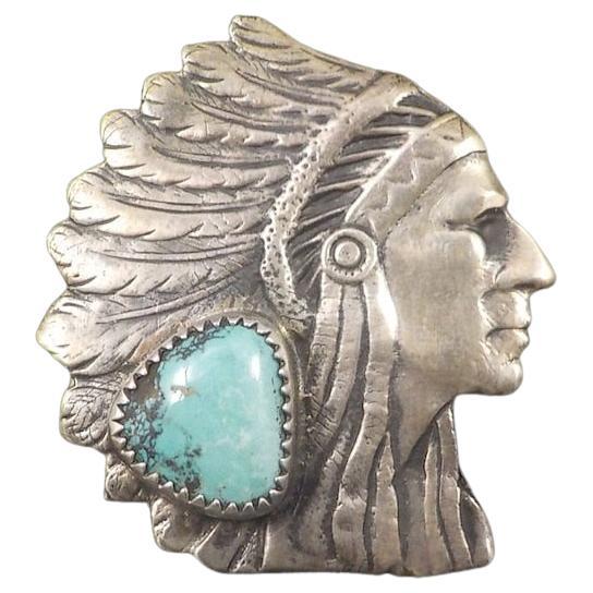Huge Türkis-Indianer-Kopfring aus Sterling, Native American Chief im Angebot