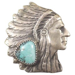 Huge Sterling Turquoise Indian Head Ring Native American Chief