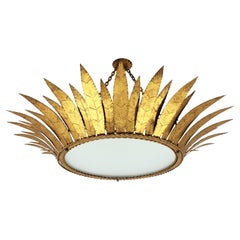Huge Sunburst Crown Flush Mount or Chandelier in Gilt Iron