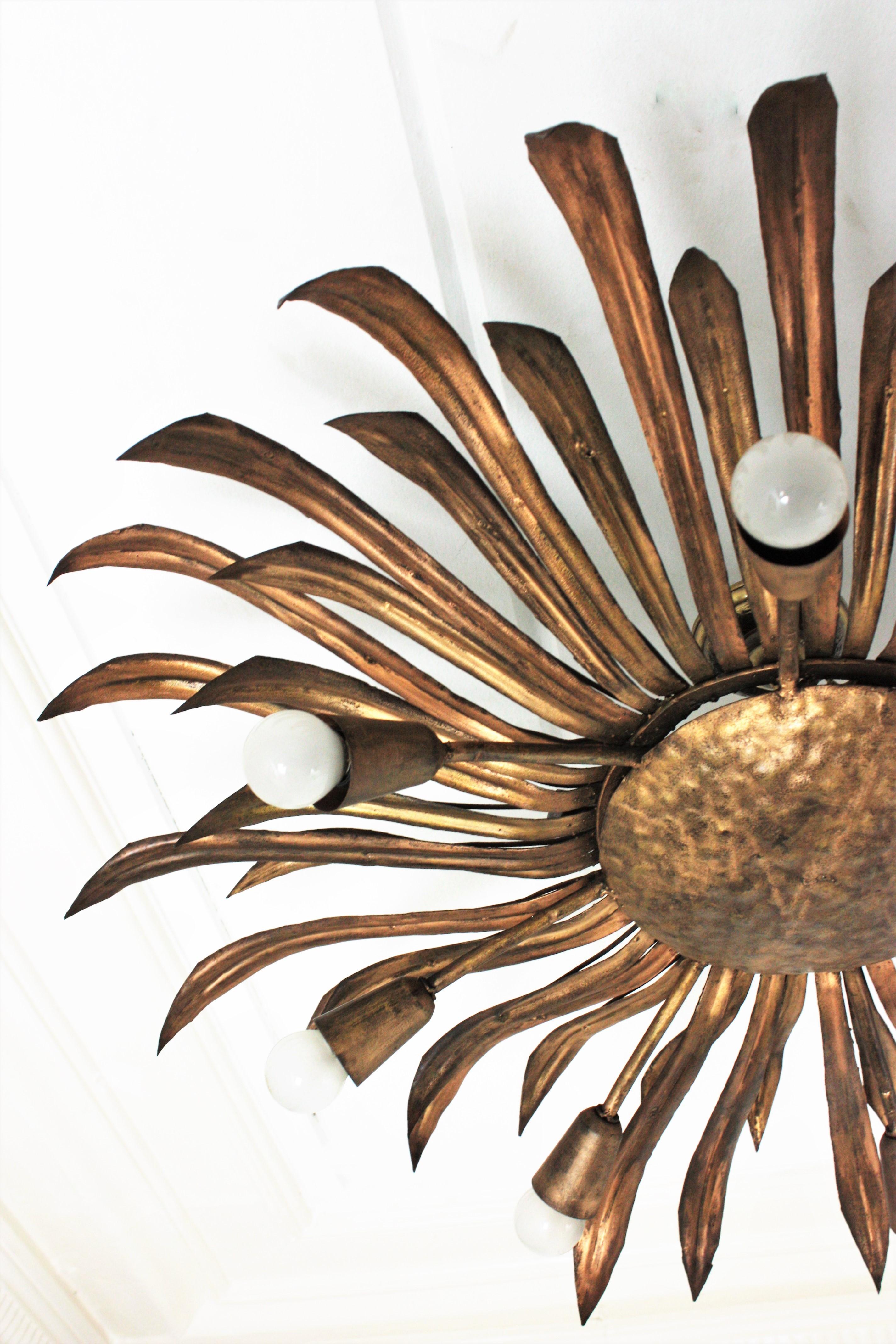 Huge Sunburst Flower Ceiling Light Fixture or Chandelier in Gilt Iron 3