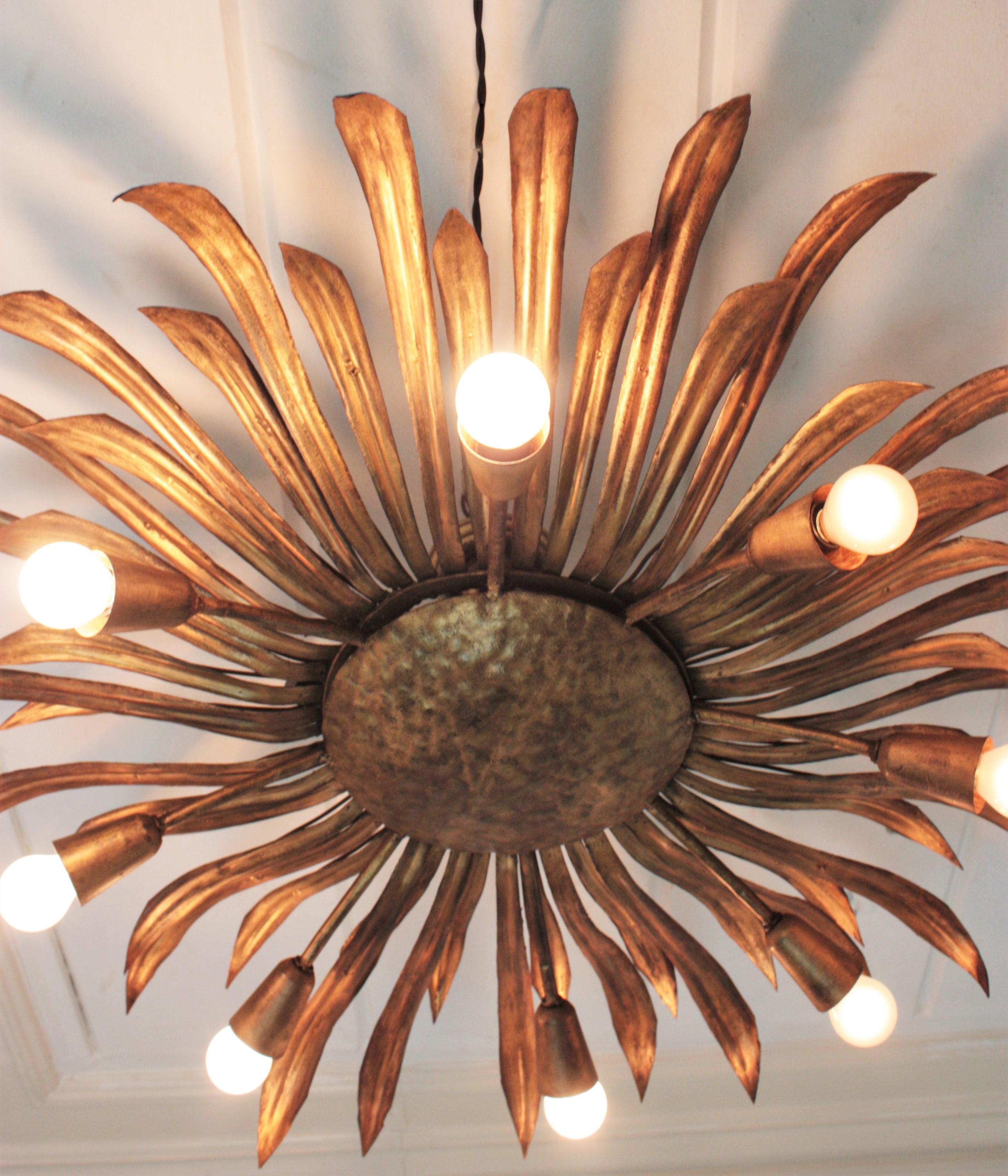 Metal Huge Sunburst Flower Ceiling Light Fixture or Chandelier in Gilt Iron