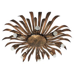 Huge Sunburst Flower Ceiling Light Fixture or Chandelier in Gilt Iron