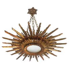 Huge Sunburst Pendant Light Fixture in Carved Giltwood, Spain 1940s, 90 cm