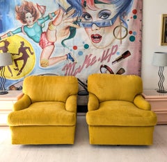 Huge swivel armchairs in ochre yellow mohair by Kravet USA, 1970s. 2 available